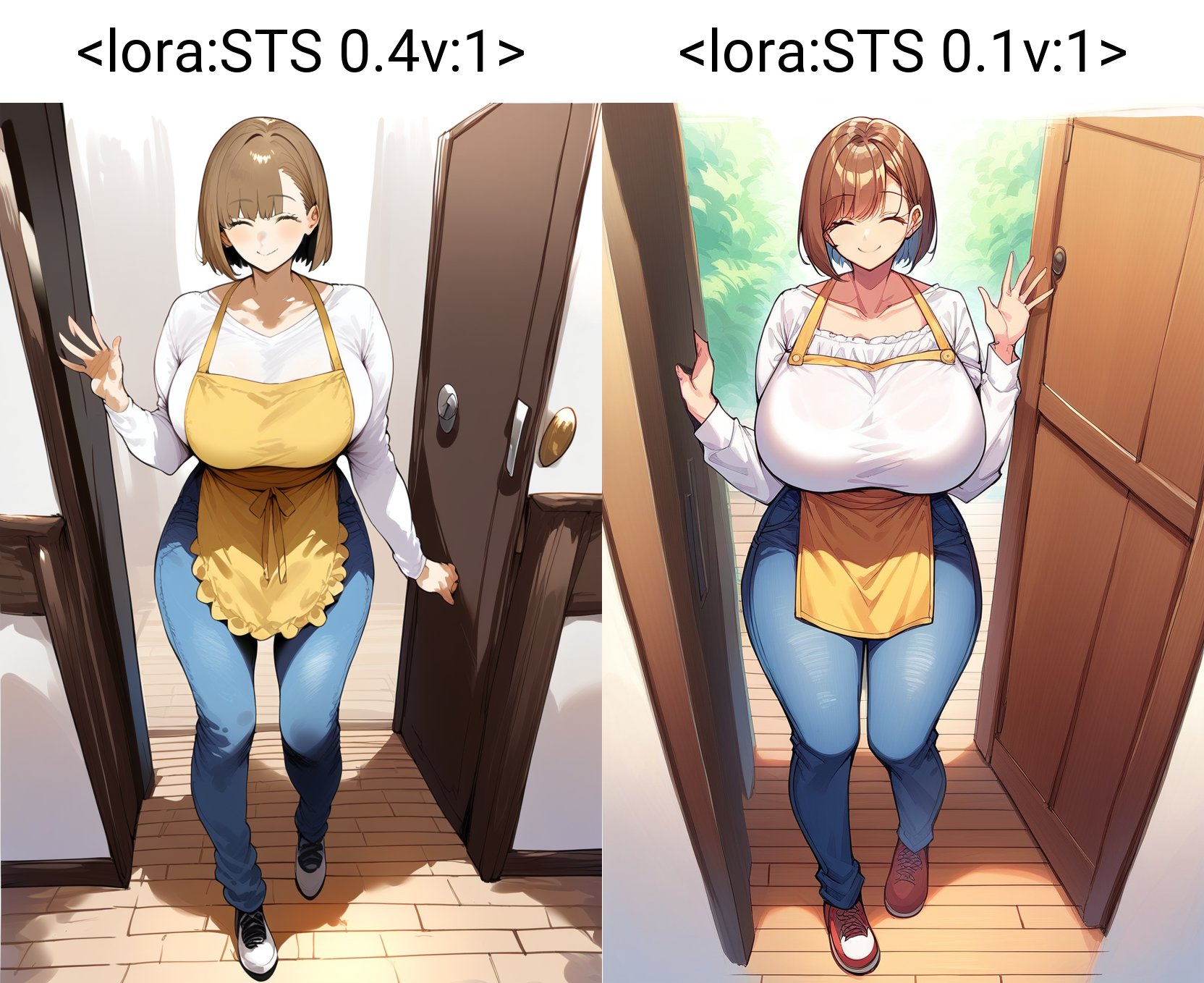 tss, score_9, score_8_up, score_7_up, score_6_up, source_anime, <lora:STS 0.4v:1>,1girl, brown hair, apron, solo, shirt, short hair, closed eyes, smile, pants, white shirt, yellow apron, denim, long sleeves, jeans, standing, shoes, bangs, huge breasts, waving, wooden floor, full body, closed mouth, doorway, collarbone, hand up, facing viewer, large breasts