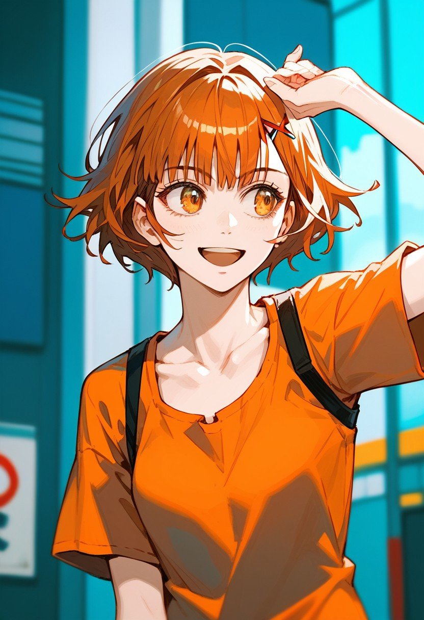 score_9,score_8_up,score_7_up,source_anime, Androssi Zahard,1girl,solo,smile,open mouth,shirt,hair ornament,collarbone,hairclip,looking to the side,parody,x hair ornament,portrait,meme,orange shirt,