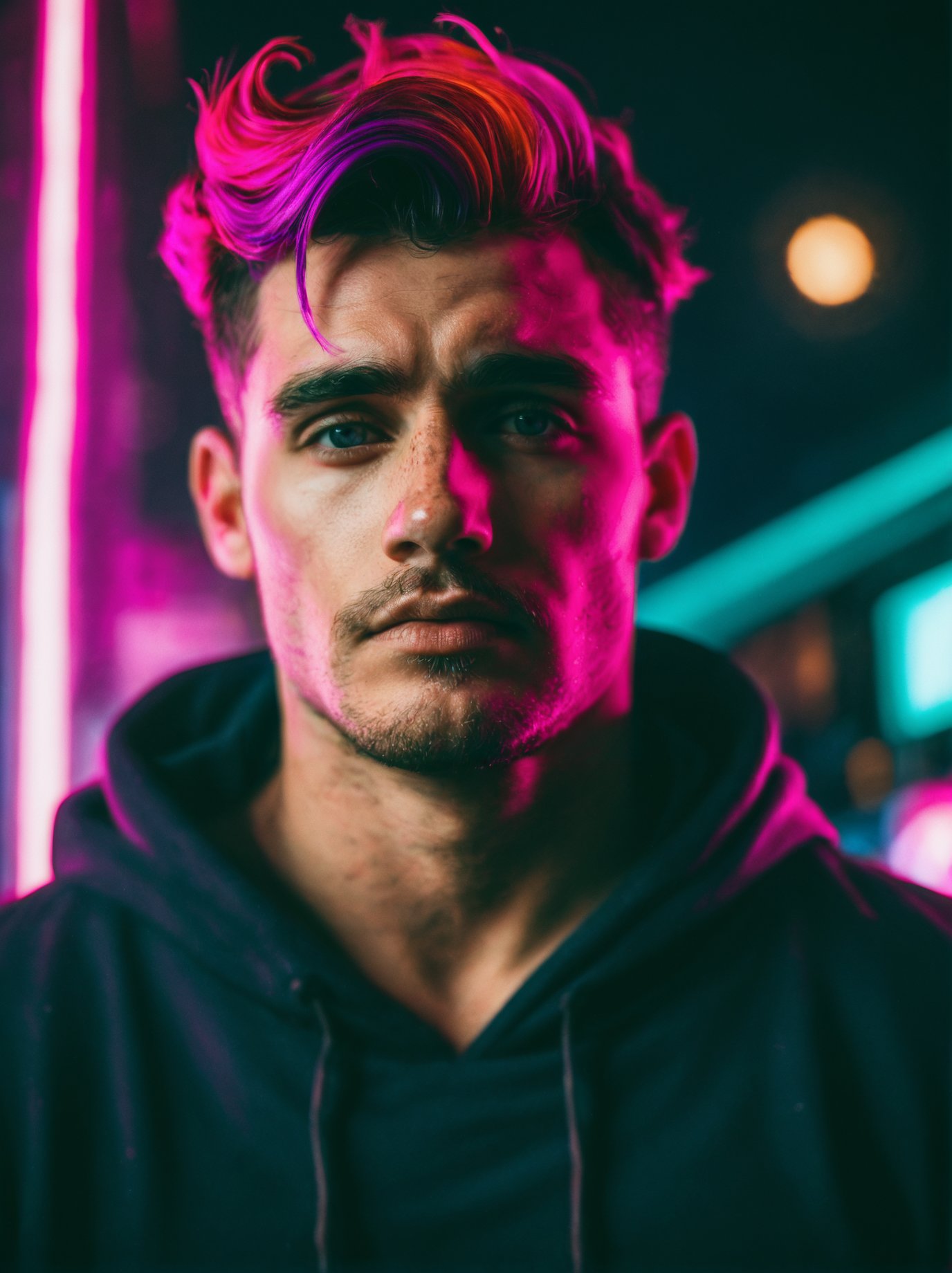 realistic, cinematic film still ((solo man)), neonpunk style stubble, 80's heartthrob, 1boy, bara, muscular, hunky male, homoerotic, wearing a Retro-style sweatshirt, penis out, handsome man, low angle shot, dim light, night time, . cyberpunk, vaporwave, neon, vibes, vibrant, stunningly beautiful, crisp, detailed, sleek, ultramodern, magenta highlights, dark purple shadows, high contrast, cinematic, ultra detailed, intricate, professional,cinematic lighting, photorealistic, hypman . shallow depth of field, vignette, highly detailed, high budget, bokeh, cinemascope, moody, epic, gorgeous, film grain, grainy