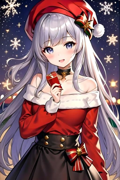 (masterpiece:1.2), best quality, masterpiece, highres, original,perfect light, 4k,8k,1girl, aran sweater, bangs, belfast \(azur lane\), black skirt, blush, box, breasts, brown sweater, choker, christmas, christmas ornaments, christmas tree, cleavage, collarbone, gift, gift bag, gift box, hat, heart-shaped box, holding, holding box, holding gift, holly, incoming gift, long hair, looking at viewer, off-shoulder sweater, off shoulder, open mouth, pocky, red headwear, santa hat, silver hair, skirt, smile, solo, sweater, very long hair, <lora:christmas:0.7>