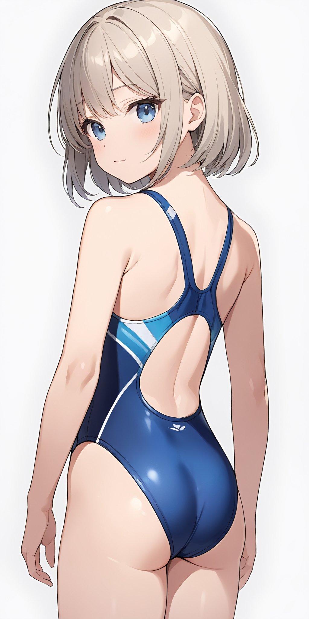 masterpiece,ultra-detailed,best quality,8K,illustration,cute face,clean skin ,shiny hair,girl,ultra-detailed-eyes,simple background, <lora:add-detail-xl:1>  <lora:Competitive Swimsuit_XL_V1.0:1> competitive swimsuit,from behind