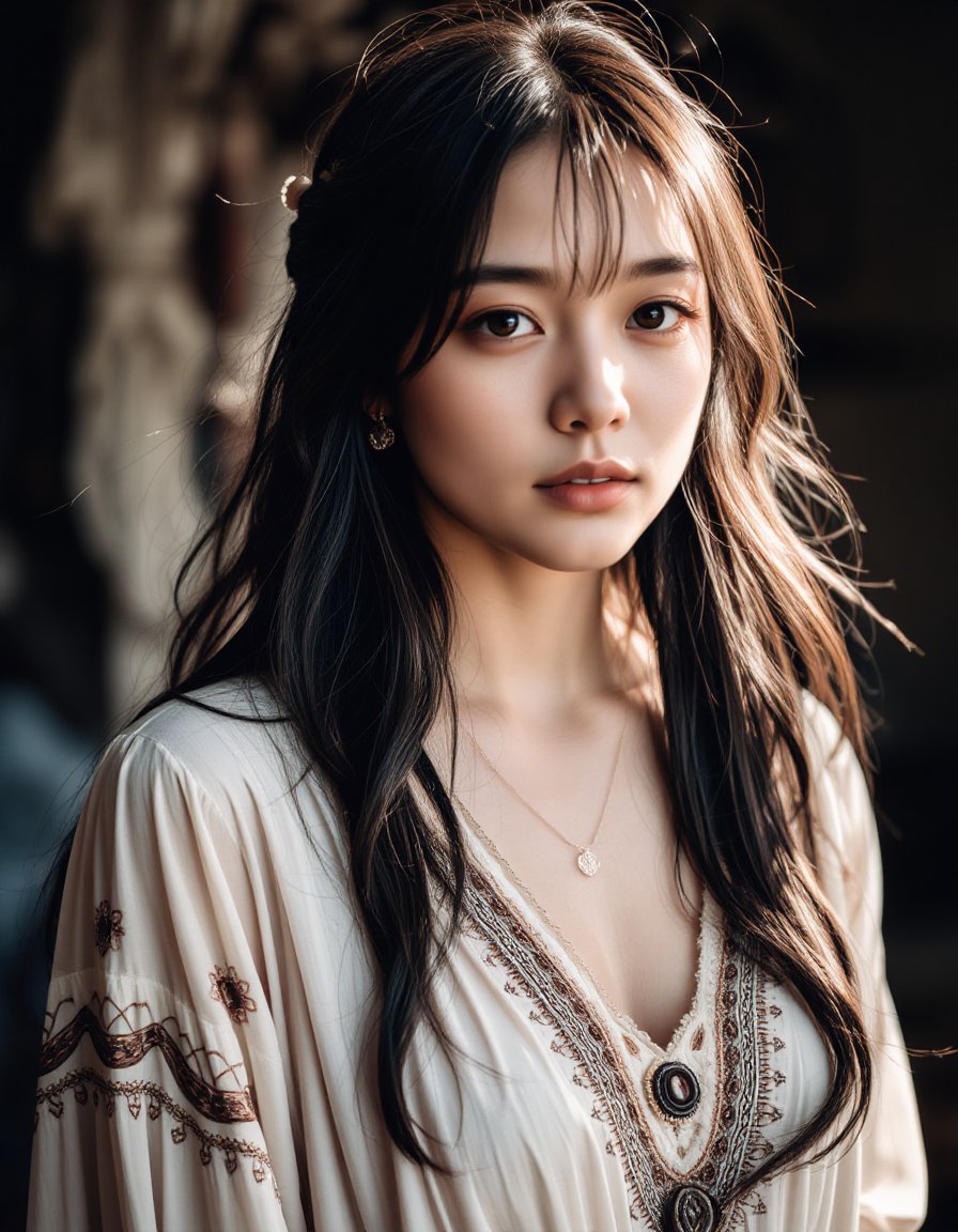 bohoai girl, A raw photo of a woman wearing a boho-style dress, captured in a close-up shot. The intricate patterns of her dress, made of light, flowing fabric, showcase delicate embroidery and soft earthy tones, which reflect the free-spirited essence of the bohemian aesthetic. Her skin glows under natural light, highlighting the fine details of her attire and accessories, which include subtle jewelry that enhances the boho charm. Loose strands of her hair fall gently around her face, framing her features with a relaxed, carefree vibe. The texture of the fabric is richly detailed, and the soft shadows bring out the depth of the image, creating a warm and intimate atmosphere. The background is softly blurred, focusing all attention on her expression and the fine textures of her boho dress, giving the photo a sense of authenticity and natural beauty<lora:hinaFluxBohoGirlMix-schnell_v1:0.7>