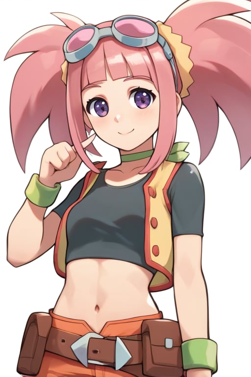 score_9, score_8_up, score_7_up, source_anime, best quality, (masterpiece),(ultra-detailed), (high quality), (high resolution), tatsuno malm, belt, navel, choker, crop top, purple eyes, goggles on head, smile, pink hair, wristband, midriff, solo focus, twintails, goggles, 1girl<lora:EMS-396438-EMS:0.700000>, <lora:EMS-304032-EMS:0.800000>