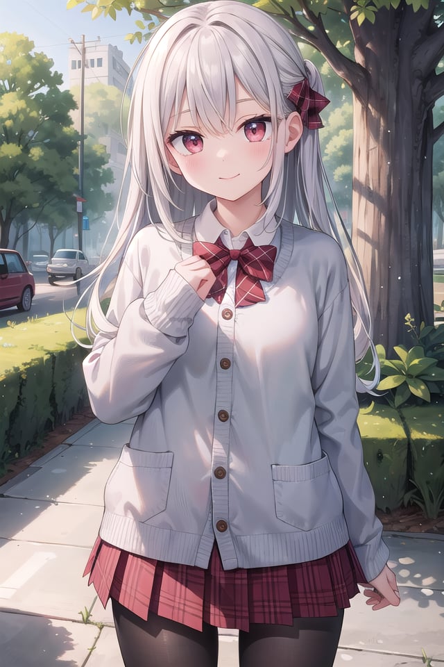 insanely detailed, absurdres, ultra-highres, ultra-detailed, best quality,1girl, solo, nice hands, perfect handsBREAK(School Uniforms:1.2), (pink cardigan is fit body:1.4), ((do up a buttons, not loose):1.5), ((long sleeve, sleeves past wrists):1.2), (inner wear is white collared-shirt:1.3), (red plaid-pattern bow:1.3), (red plaid-pattern pleated skirt:1.3), ((dark-brown pantyhose, loafers):1.2), (cleavage:-1.5)BREAKhappy smile, laugh, closed mouthBREAK(45 angle:-1.5), (from side:-1.5),standing, cowboy shot, looking at viewerBREAKslender, kawaii, perfect symmetrical face, ultra cute girl, ultra cute face, ultra detailed eyes, ultra detailed hair, ultra cute, ultra beautifulBREAKin forest, depth of field, ultra detailed backgroundBREAKmedium large breastsBREAK(grey hair, red eyes), spiked hair,