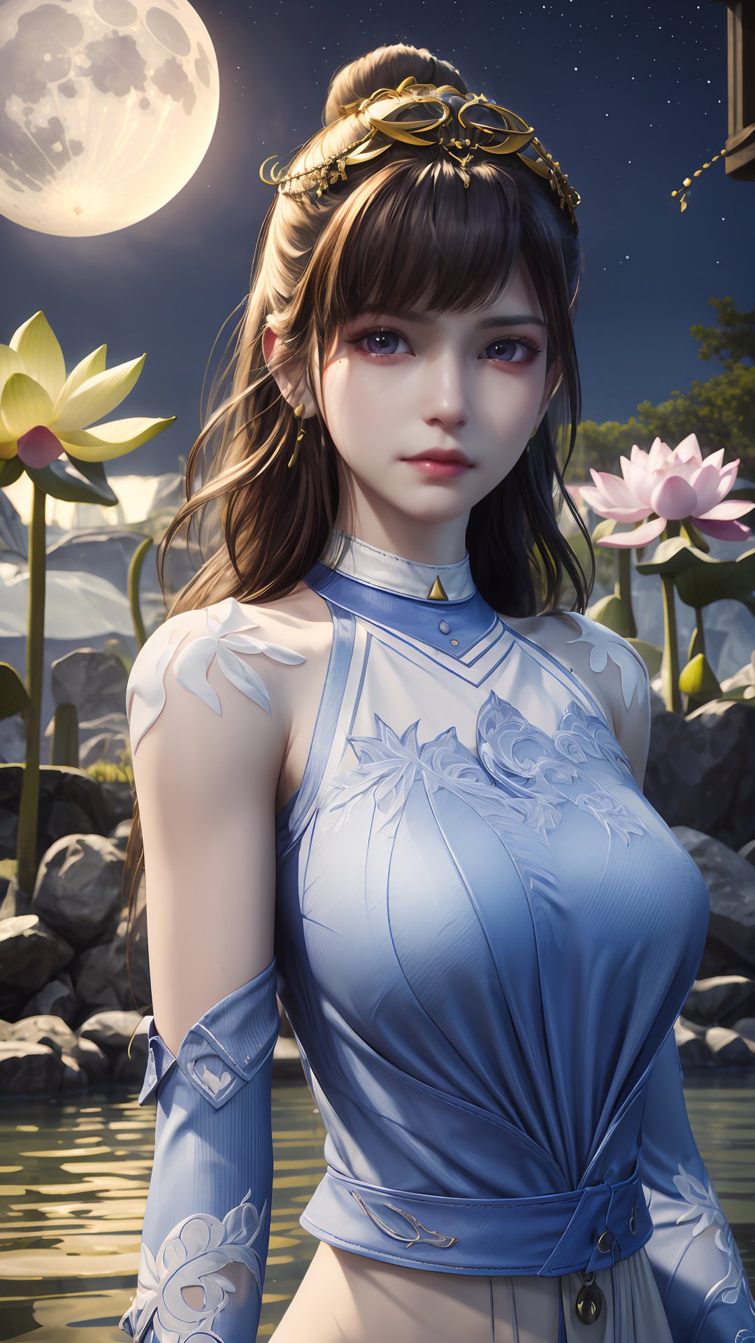 masterpiece,best quality,official art,extremely detailed CG unity 8k wallpaper,realistic,light rays,light particles,1girl,earrings,solo,jewelry,black_hair,long_hair,upper_body,blue_eyes,blue_ribbon,armlet,breasts,blue theme,starry background,scenery,starry sky,night,reflection,night sky,outdoors,milkway,cistern,(lotus:1.2),lake water,moon,long_hair,earrings,hair_ornament,dynamic pose,looking at viewer,cowboy shot,