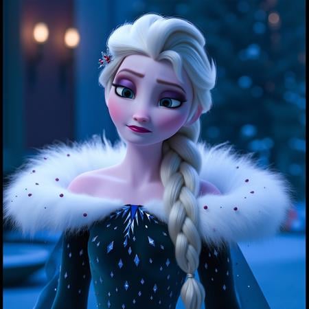 dim,35mm film,(((waist-up view))),elsa \(frozen\), solo, bare shoulders,closed mouth, Elsa's Winter Dress, Braid on right shoulder,(purple eyeshadow, Shiny lips),outfit 1, elsa's outfit-1, elsa's outfit-1 \(outfit\), view from font,