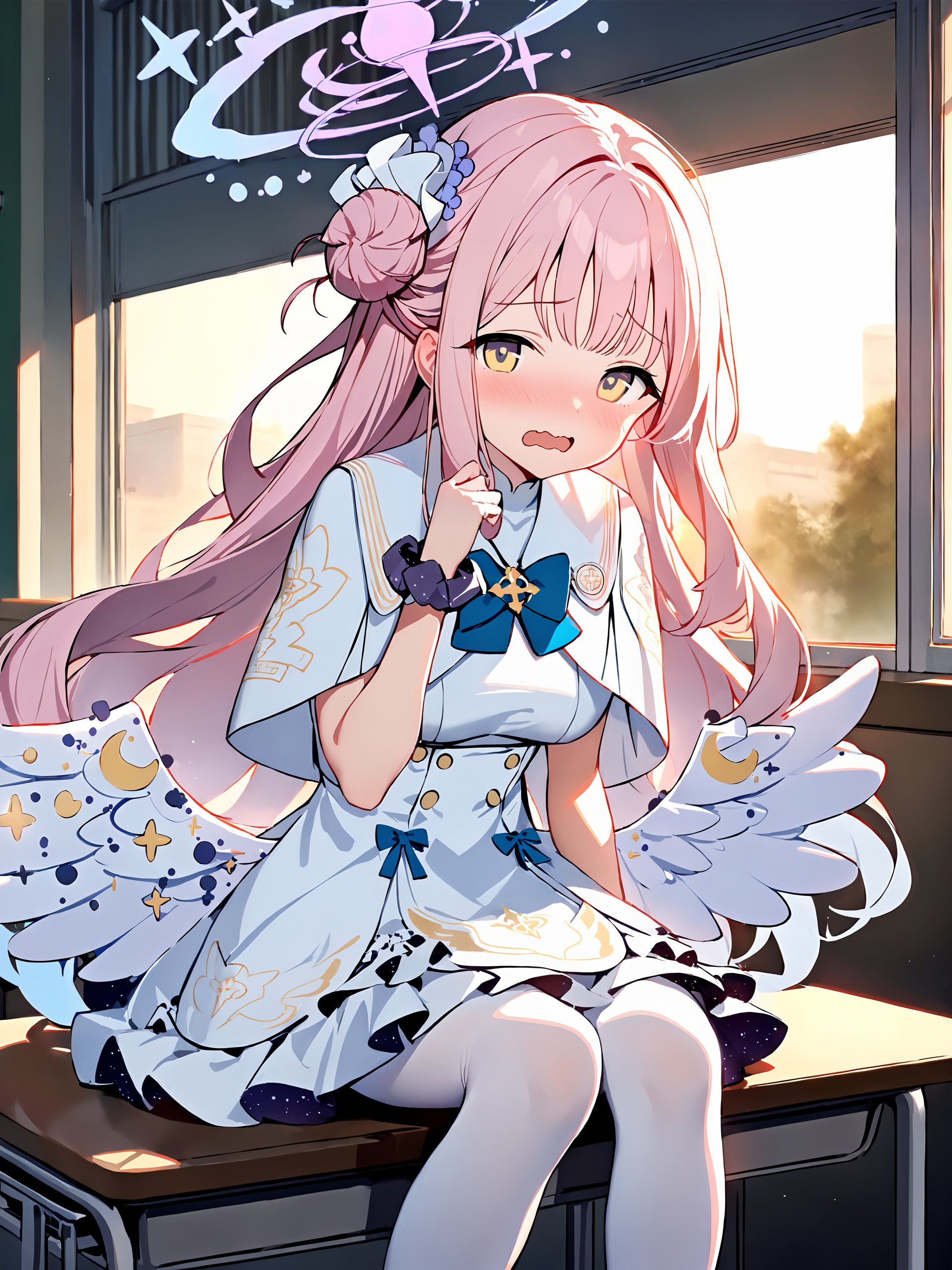 1girl, mika \(blue archive\), solo, halo, wrist scrunchie, low wings, hair flower, white dress, single side bun, white pantyhose, capelet, blue bowtie, sitting on desk, looking at viewer, gasping, ecstasy, blush, wavy mouth, sunset, classroom, window, backlighting, depth of field, <lora:face-sensualface_type4:0.8> <lora:Char-BlueArchive-Mika-XL-V1:0.8>, masterpiece, best quality, perfect features, intricate details, ray tracing, very aesthetic, (hitenkei, askzy:0.4)