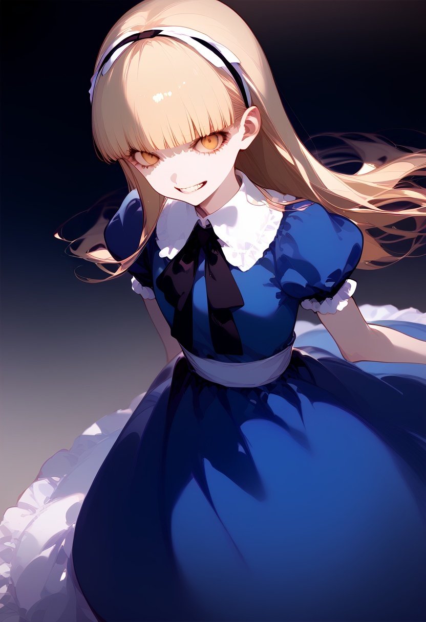 1girl, human, female, solo, score_9, source_anime, best quality, <lora:zs_AliceXL:1> alicesmt, dress, long hair, blonde hair, hairband, blunt bangs, puffy sleeves, blue dress, yellow eyes, standing,mouth closed, evil grin, evil, creepy, horror,