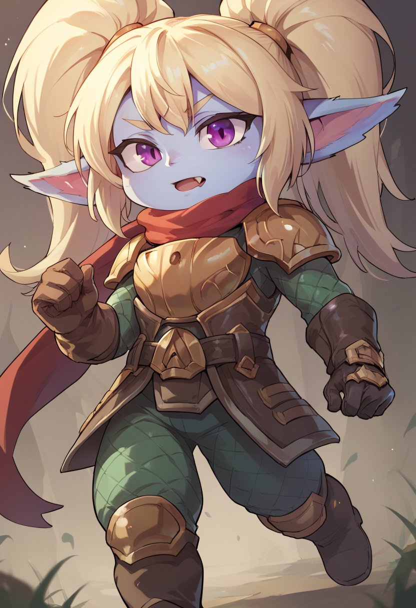 score_9, score_8_up, score_7_up, p0ppy, 1girl, yordle, colored skin, pointy ears, twintails, long hair, blonde hair, purple eyes, fang, red scarf, armor, shoulder armor, gloves, boots, <lora:Poppy_Default_v2:0.8>, solo