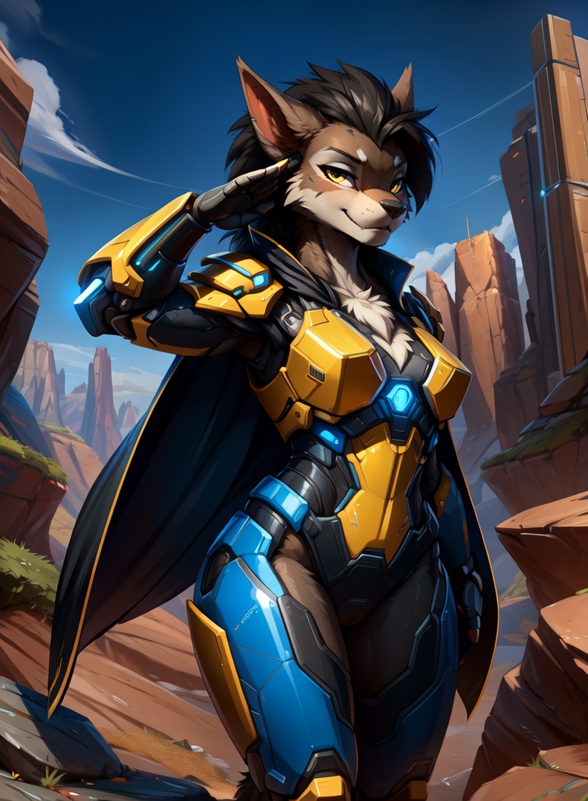 (outdoors:1.3), performing a salute, (weird and strange rocky canyon scene:1.4), daytime, (incredibly sexy female anthro (black-furred worgen:1.3) (saluting:1.4)), (furry, furry_female:1.3), (detailed large round breasts:1.2), (detailed eyes), (detailed face), ( looking at viewer:1.3), (narrowed eyes:1.3), (wearing streamlined suit of power armor with yellow accents, wearing (black:1.1) cape, chest armor, sci-fi, high tech:1.4)(by dagasi, by smitty g),by tom fischbach, by cutesexyrobutts, by hioshiru, by Tarakanovich, by Muhut, by wolfy-nail,(masterpiece, 8k, 4k, best quality, hi res, absurd res:1.3), realistic, photography \(artwork\),(detailed background:1.3), (cinematic lighting), detailed ambient light, (detailed lighting), (ambient light on the body), <lora:Bodysuit v13:0.6> <lora:AMechaSSS[color_theme,mecha musume, mechanical parts,robot joints,headgear]:0.8>