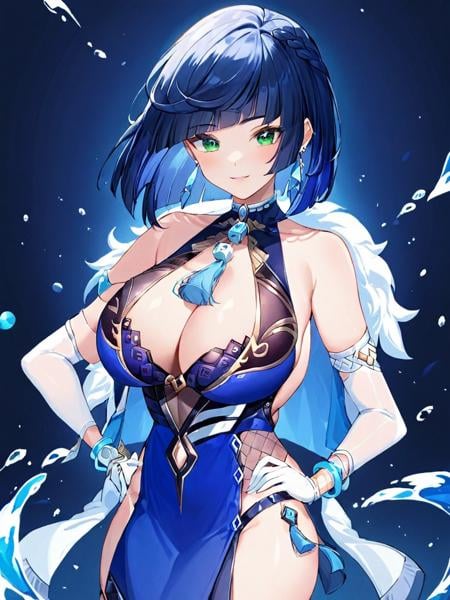 ultra-detailed,(best quality),((masterpiece)),(highres),original,extremely,<lora:yelan2_xl:1>,yelan, 1girl, breasts, yelan (genshin impact), solo, gloves, bangs, looking at viewer, cleavage, large breasts, blue hair, jewelry, short hair, hand on hip, fur trim, white gloves, smile, green eyes, parted lips, mole on breast, jacket, diagonal bangs, bare shoulders, earrings, vision (genshin impact), hand on own chest, water, mole, jacket on shoulders, white jacket, tassel, dress, dice, pelvic curtain, blue dress, asymmetrical gloves, bob cut, black gloves, cowboy shot, sleeveless, clothing cutout, mismatched gloves, blunt bangs, bracelet, gradient, neck tassel, elbow gloves, cleavage cutout