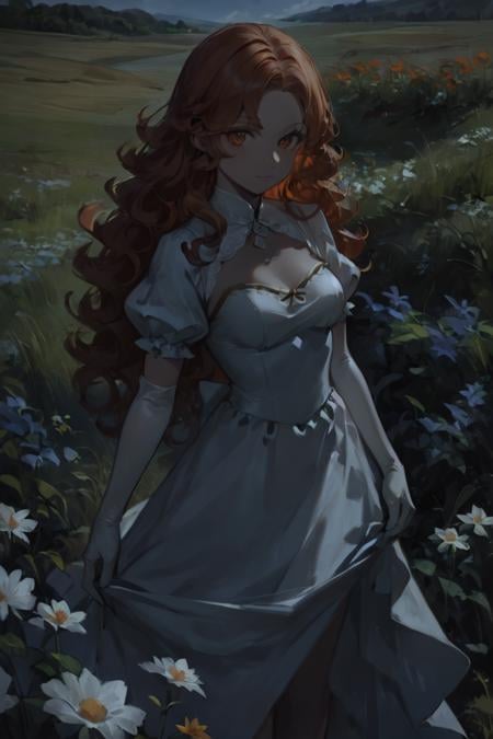 score_9, score_8_up, score_7_up, rating_safe, dark theme, low light, 1girl, solo, long hair, curly hair, wavy hair, orange hair, orange eyes, looking at viewer, breasts, dress, white dress, puffy sleeves, puffy short sleeves, short sleeves, gloves, elbow gloves, white gloves, cowboy shot, closed mouth, standing, outdoors, field, flower, grass, plant, sky <lora:Anime Summer Night Style SDXL_LoRA_Pony Diffusion V6 XL:1>