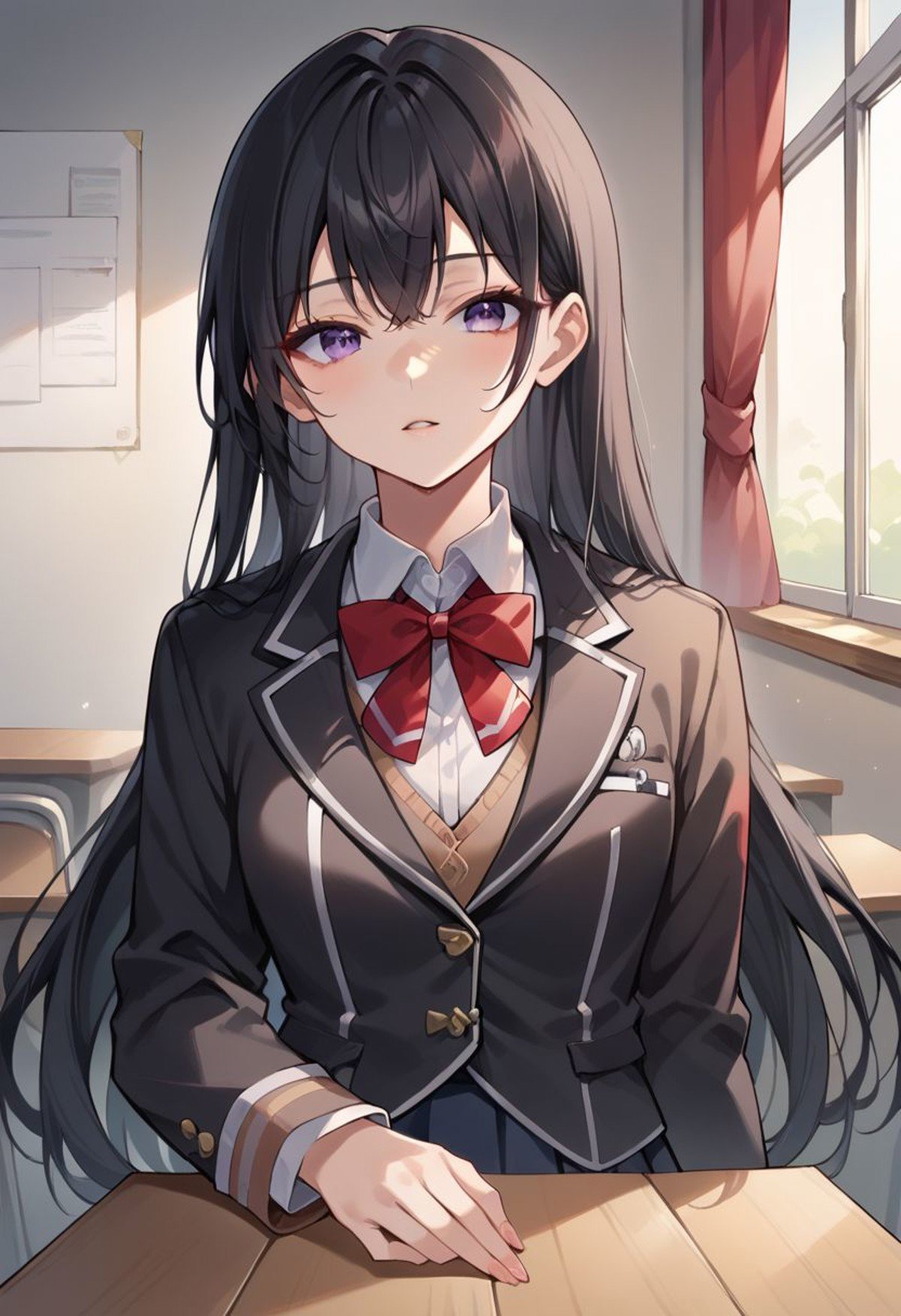 score_9, score_8_up, score_7_up, score_6_up, score_5_up, score_4_up, yuki suou, black hair, long hair, purple eyes, 1girl, solo, looking at viewer, school uniform, bow, long sleeves, jacket, skirt, red bow, bowtie, red bowtie, indoors, shirt, parted lips