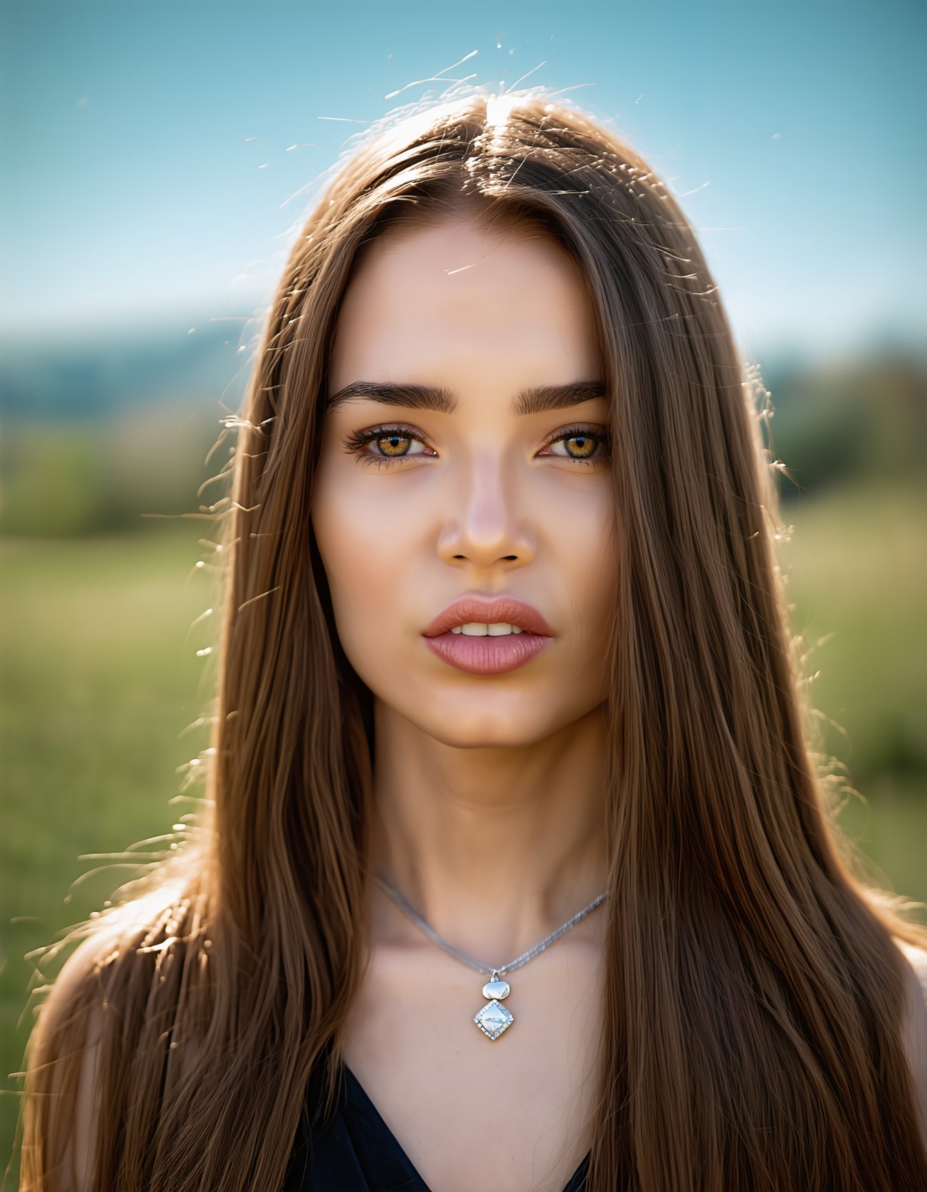 best quality,4k,8k,highres,masterpiece,ultra-detailed, woman, long hair, looking at viewer, brown hair, jewelry, brown eyes, outdoors, parted lips, necklace, blurry, lips, blurry background, depth of field, portrait, realistic, field, photorealistic, SD3_cartoon_ep10.safetensors