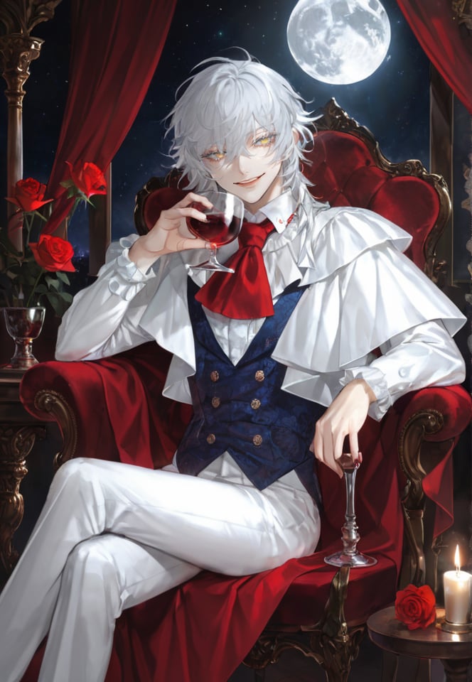 (best quality), ((masterpiece)), (highres), illustration, original, extremely detailed,   <lora:邪恶美学:0.7>wine glass, candle, cup, 1boy, drinking glass, solo, throne, flower, male focus, sitting, crossed legs, moon, long hair, holding, candlestand, red flower, rose, curtains, wine, looking at viewer, holding cup, alcohol, red rose, frills, ascot, white ascot, window, center frills, white hair, smile, shirt, blood, pants, full moon, chair, long sleeves, cape