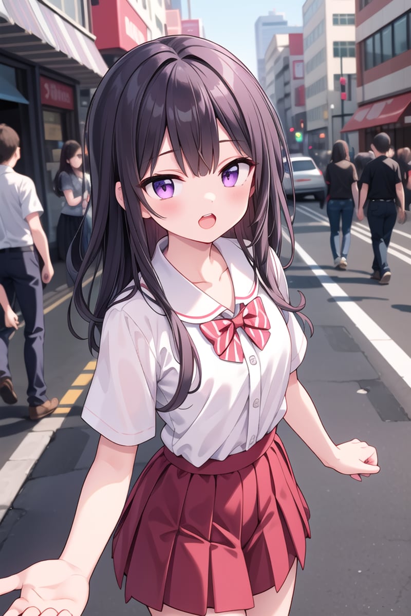 <lora:talkmouth_U_type1_v200:1>insanely detailed, absurdres, ultra-highres, ultra-detailed, best quality,1girl, solo, nice hands, perfect handsBREAKsummer school uniform, (plain dark red skirt with many pleats:1.4), (striped red bowtie:1.3), short sleeves, white shirt, shirt with white button, shirt_tucked_in    BREAK    (breast pocket, vest, blazor, long sleeves, checked skirt, striped skirt, striped shirt, striped sleeves, bra visible through clothes, skirt with frill:-1)BREAK(nsfw:-1.5)BREAKsmile, open mouthBREAKfrom above,standing, cowboy shot, looking at viewerBREAKslender, kawaii, perfect symmetrical face, ultra cute girl, ultra cute face, ultra detailed eyes, ultra detailed hair, ultra cute, ultra beautifulBREAKin street, cityscape in harajuku, depth of field, ultra detailed backgroundBREAKmedium breastsBREAKpurple hair, purple eyes, messy hair, 