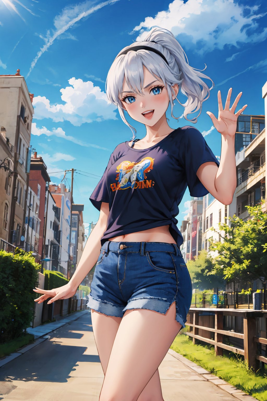 masterpiece, best quality, 1girl,  <lora:adelle-nvwls-v1-000009:0.9> adelle, short ponytail, white hair, black hairband, orange t-shirt, jean shorts, :D, waving, city, blue sky, looking at viewer, sneakers