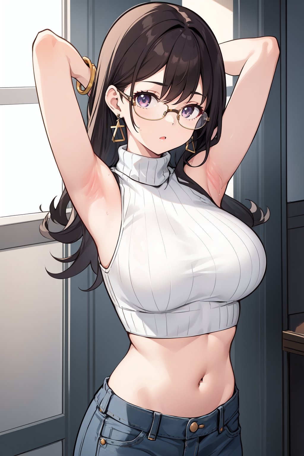 1girl, , armpits, arms up, bracelet, breasts, crop top, cropped sweater, denim, earrings, glasses, jewelry, large breasts, midriff, navel, sleeveless, turtleneck, 