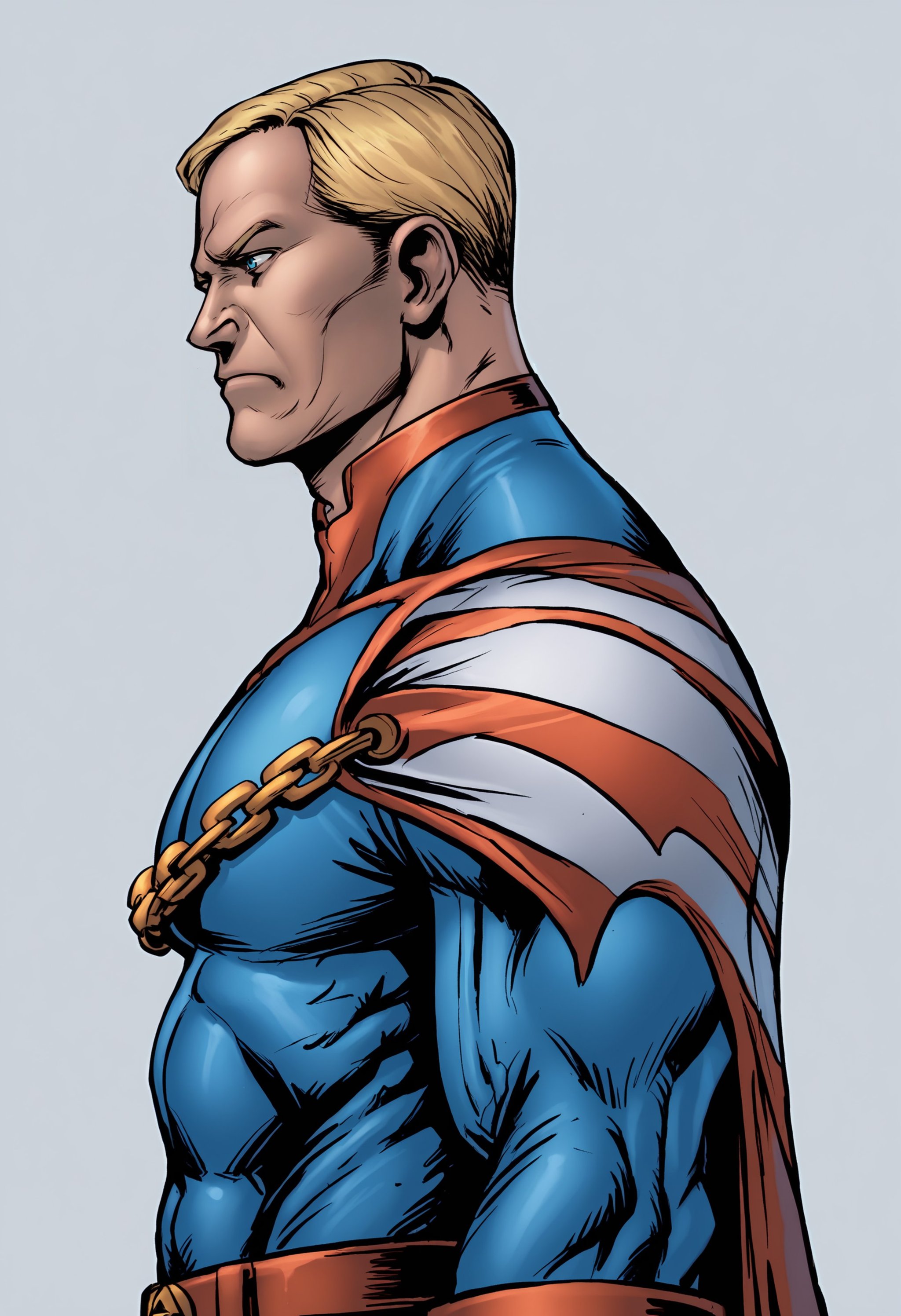 score_9, score_8_up, score_7_up, score_6_up, score_5_up, score_4_up, 1boy, <lora:HomelanderComics:0.9> male focus, solo, blonde hair, blue eyes, muscular, muscular male, superhero, cape, belt, chain, bodysuit, gloves, upper body, standing, from side,(light blue background), simple background,