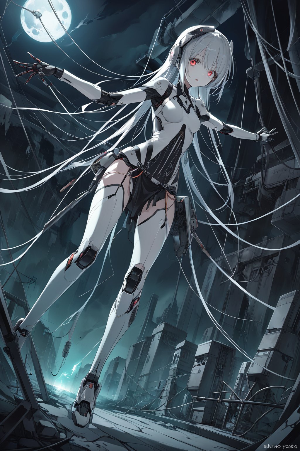 breathtaking 1 woman, robot cyborg full body, hanging in the air anime broken maintenance oriental poetic horror ghost tubes , wires by Akihiko Yoshida . award-winning, professional, highly detailed