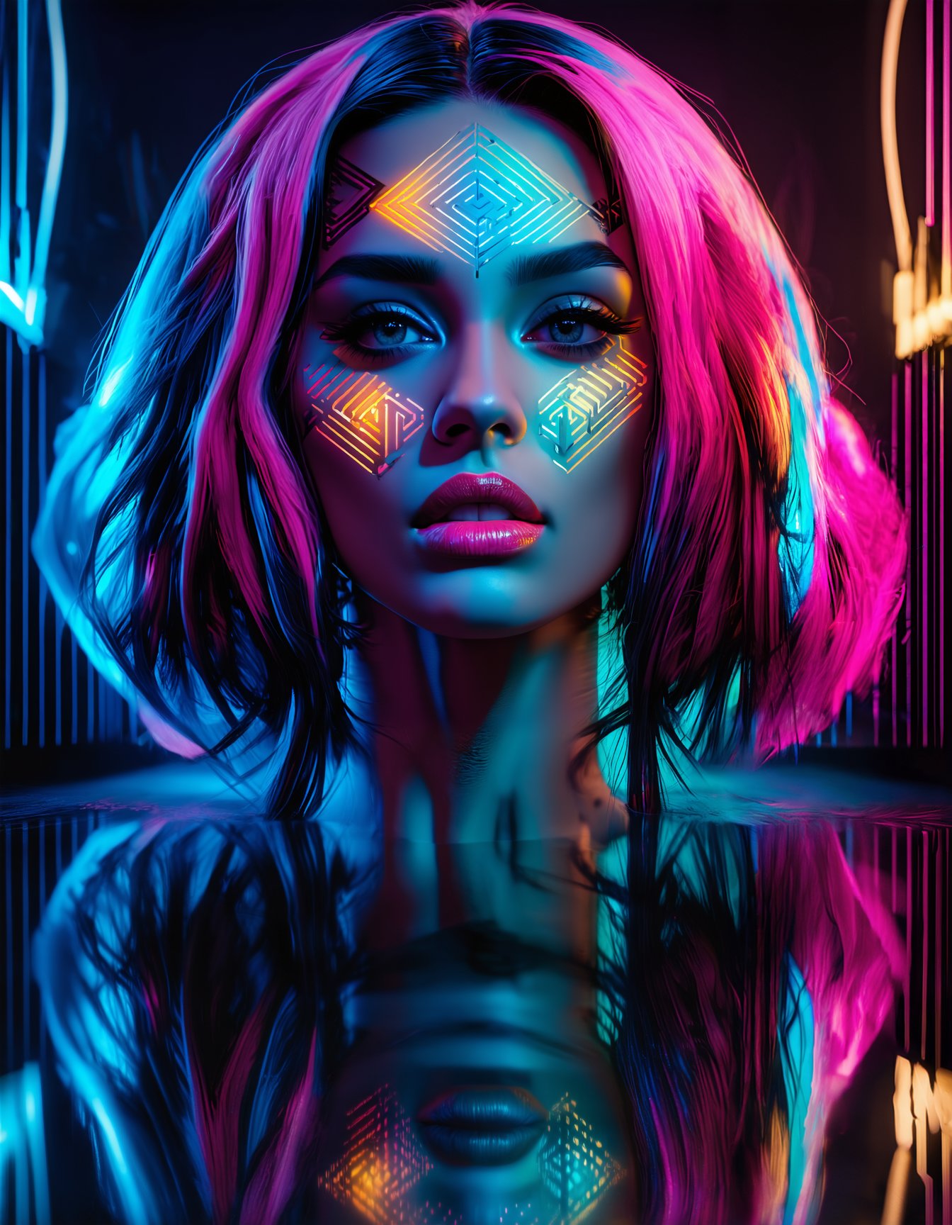 (best quality, 4K, 8K, high-resolution, masterpiece), ultra-detailed, photorealistic, young woman, vibrant neon hair, geometric Art Deco patterns on face, surreal dream-like setting, mirror-like floors, mirror-like walls, reflections, posing, intricate facial designs, modern fashion, ethereal lighting, digital art.