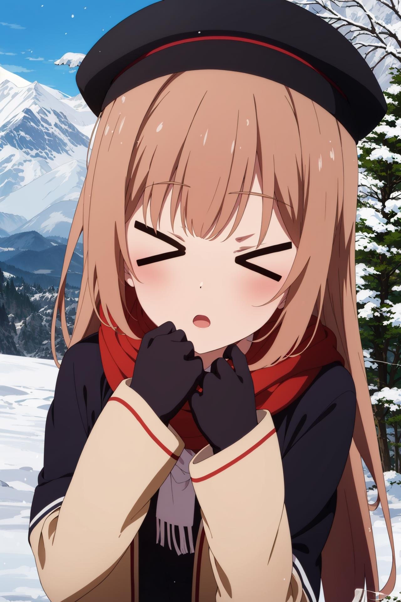 1girl,outdoors,anime screencap, winter clothes, scarf,mitts,cold, breath,upper body, open_mouth,:o,(hat), facing viewer, mountains,tree,snowing,  <lora:hotarueye_comic1_v100:.8>,>_<,day_time,bangs, from above, dutch angle, speech bubble, long_hair,drill_hairanime screencap, anime_keyvisual,anime coloring, 