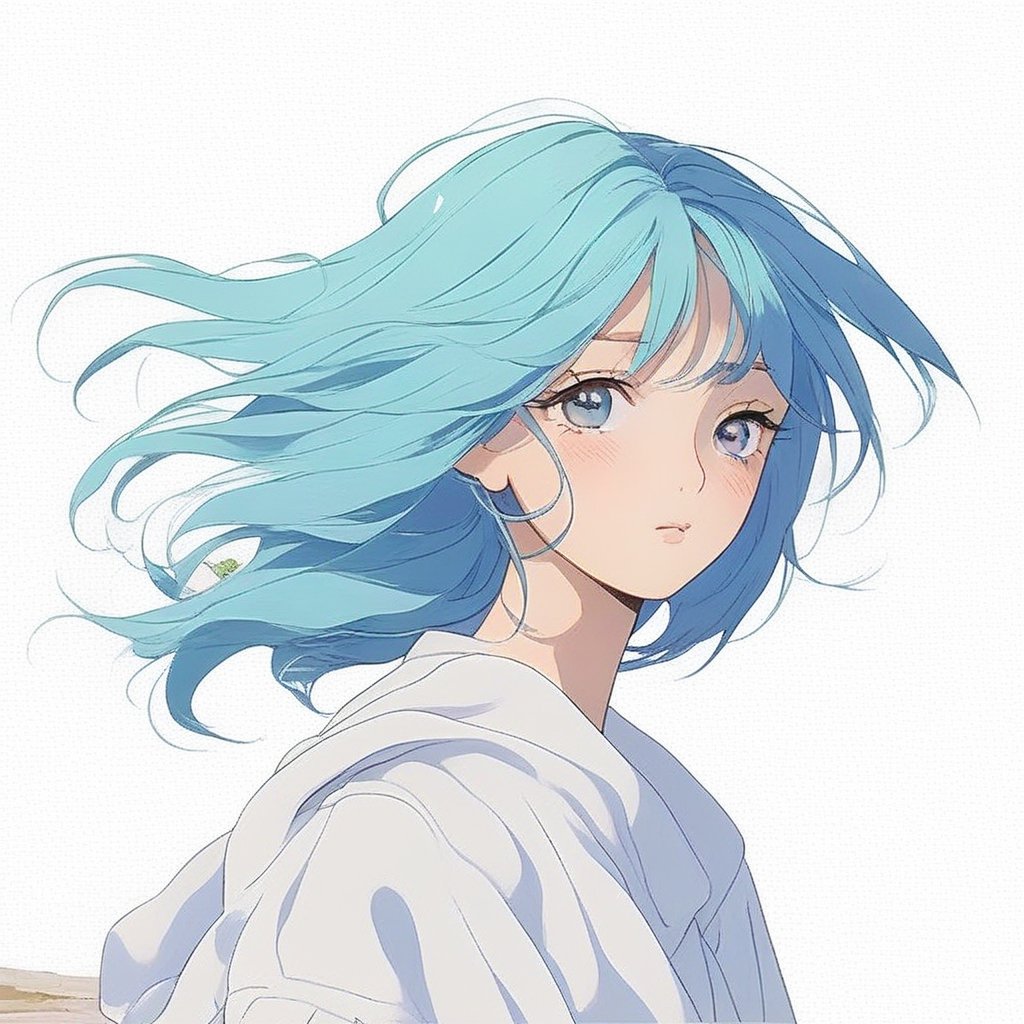 A girl standing in the wind, blue hair