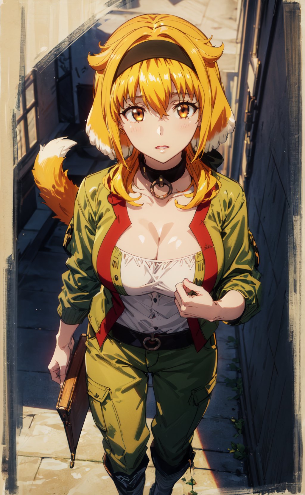 <lora:Roxane-000010:0.8>,Roxane CYQL,1girl,solo,looking at viewer,dog girl,blonde hair,orange hair,short hair,hairband,black hairband,hair between eyes,dog ears,animal ears,floppy ears,brown eyes,collar,black collar,large breasts,tail,dog tail,(smug:1.2),beautiful face,beautiful eyes,glossy skin,shiny skin,((Utility_jacket:1.4),(Cargo_pants:1.3),(Combat_boots:1.2),(Army_barracks_background:1.4):1.3),(upper_body,from_above,walking:1.2),clenched hands,Classical garden, Calligraphy, Sunrise, Brush, Tranquility,narcissu,beautiful detailed sky,beautiful detailed glow,(English text:1.3),(border:1.5),posing in front of a colorful and dynamic background,(masterpiece, best quality, beautiful and aesthetic:1.3),contrapposto,female focus,fine fabric emphasis,wallpaper,fashion,Lipstick,depth of field,intricate_detail,finely_detailed,fine_fabric_emphasis,(glossy),<lora:增强减少细节add_detail:0.4>,