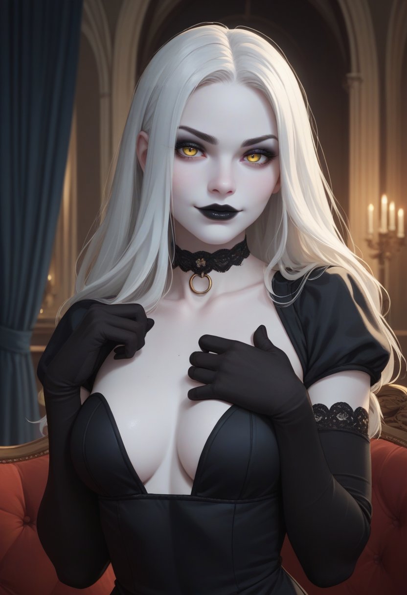 score_9, score_8_up, score_7_up, score_6_up, score_5_up, score_4_up, 1girl, vampire, colored skin, pure white skin, medium breasts, choker, lips, thick lips, black lipstick, long hair, white hair, yellow eyes, black eyeshadow, smirk, black dress, elbow gloves, covered breasts, upper body, mansion interior background, indoors, black curtains, night time, dark,