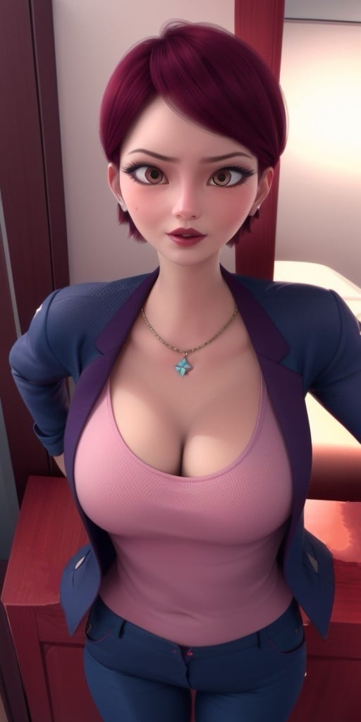 Hyperrealistic, photorealistic, super detailed, perfect face, (strict dark blue jacket), (strict dark blue trousers), short hair with a gradient of strong raspberry to moderate rose color, expressive moderate red eyes, raspberry colored lipstick, body like in real life, large pores, slender, medium height, pale skin, beautiful arms, beautiful legs, unreal engine, octane render, droped shadow, bokeh, cinematic lighting, <lora:add_detail:0.5>, <lora:Volumetric_lighting:0.6>, raspberry colored lipstick, moderate red eyes, short hair with a gradient of strong raspberry to moderate rose color, Chamack, Nadja, , <lora:a9a766c8-d663-4fd8-8723-45c5a2f45a0b:0.7>