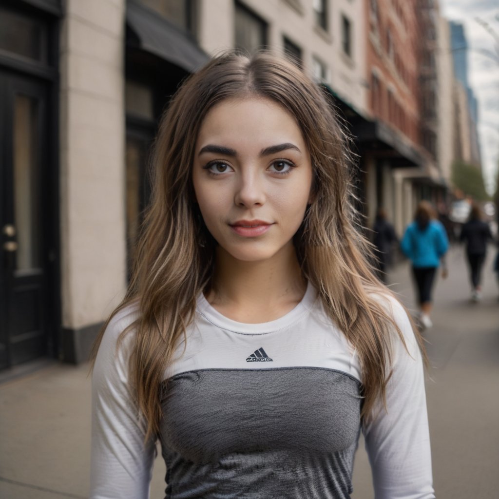 renny the insta girl, 18 years old,portrait, happy,close,Street Photography, Young white woman, wearing hip hop yoga outfit, posing in New York city streets, morning light, full body , taken in 70 mm  <lora:renny2:0.8>