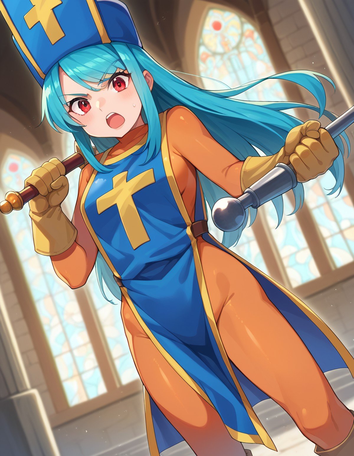 score_9, score_8_up, score_7_up, source_anime,dqpriest, <lora:dq-priest-ponyxl-lora-nochekaiser:1>,priest, aqua hair, blue hair, long hair, red eyes,bodysuit, boots, cross, gloves, hat, mitre, orange bodysuit, tabard, mace, weapon, holding weapon,indoors, church, fighting stance,looking at viewer, dutch angle, cowboy shot,