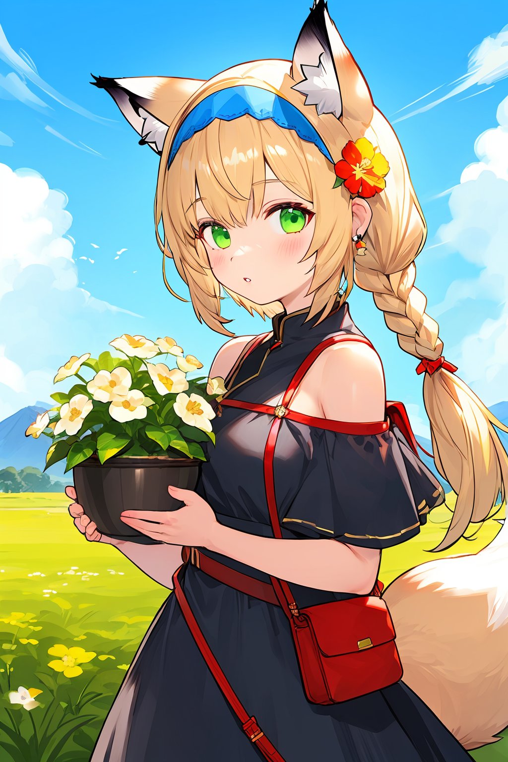 1girl,animal_ears,suzuran_\(arknights\),solo,tail,fox_ears,green_eyes,fox_tail,flower,hairband,infection_monitor_\(arknights\),blonde_hair,looking_at_viewer,holding,plant,bare_shoulders,multiple_tails,blue_hairband,braid,holding_flower,fox_girl,earpiece,oripathy_lesion_\(arknights\),hair_rings,animal_ear_fluff,dress,bangs,pouch,lily_of_the_valley,red_flower,parted_lips,blush,white_flower,