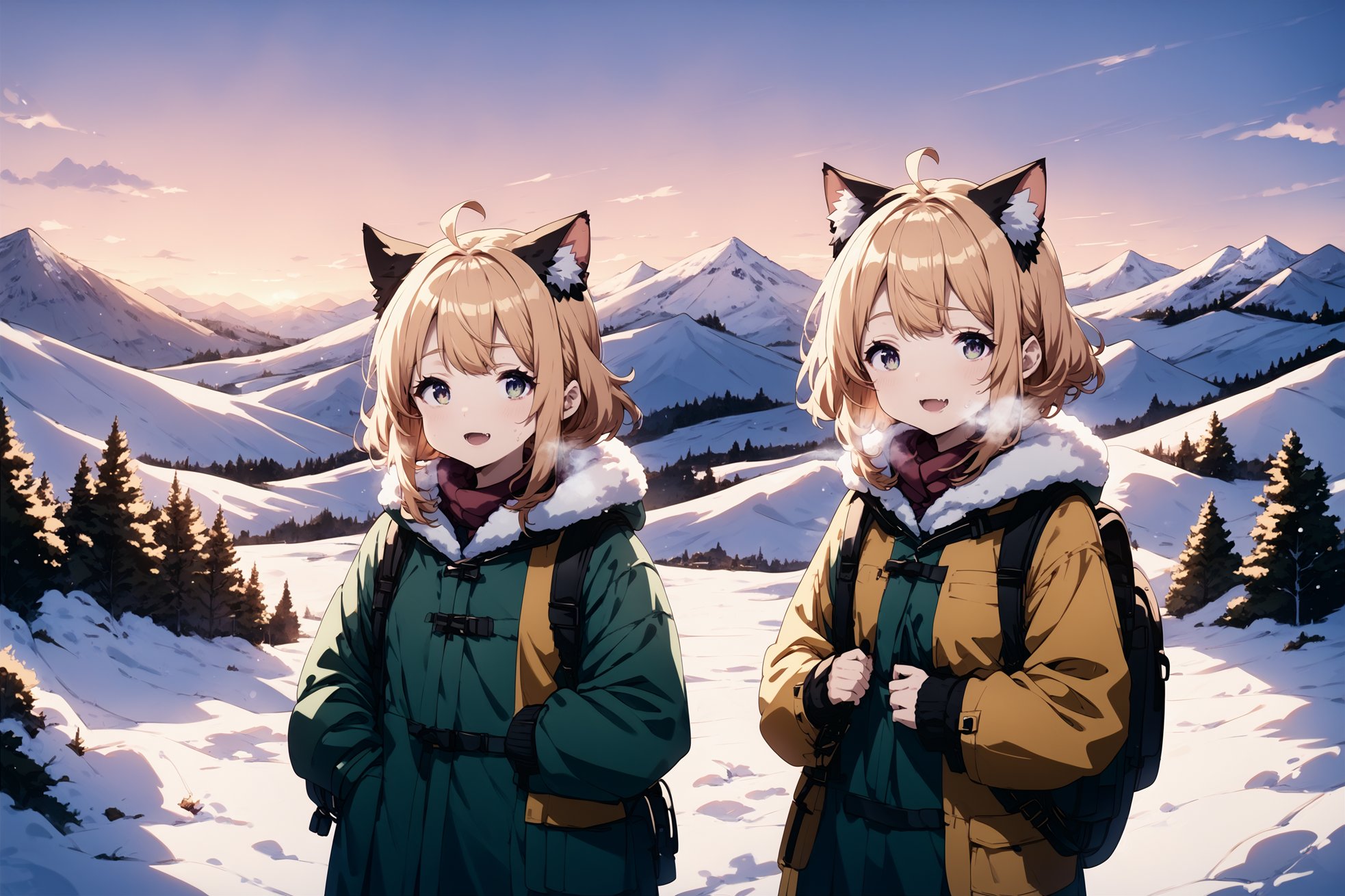 score_9,score_8_up,score_7_up,BREAK2girls,cat_ears,ahoge,winter_coat,heavy_breathing,backpack,upper_body,mountainous_horizon, sunset,