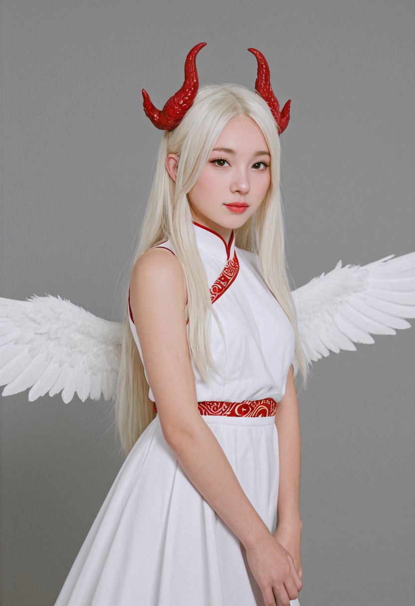 score_9, score_8_up, score_7_up, score_6_up, BREAK , source_real, raw, photo, realistic BREAK (1girl, solo, Chinese clothes, male focus:1.3),(holding sword:1.3),(gold feathered wings:1.1),(dark red and light gold:1.3),(hair pulled back, floating hair:1.1),dragon horns,white hair,long hair,pointy ears,