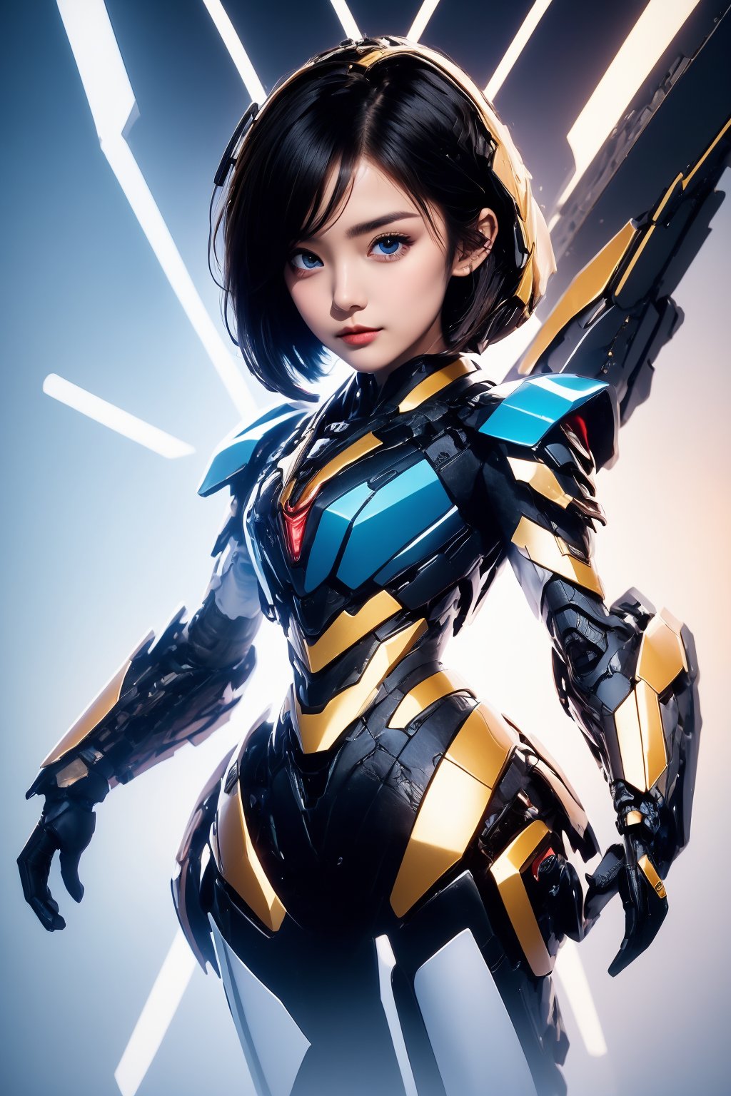 AgainCyberpunk, solo, 1girl, short hair, looking at viewer, black hair, white background, science fiction, armor, lips, standing, cowboy shot, power armor, closed mouth, grey eyes, blue eyes, brown hair, arms at sides, bob cut, chibi, full body,