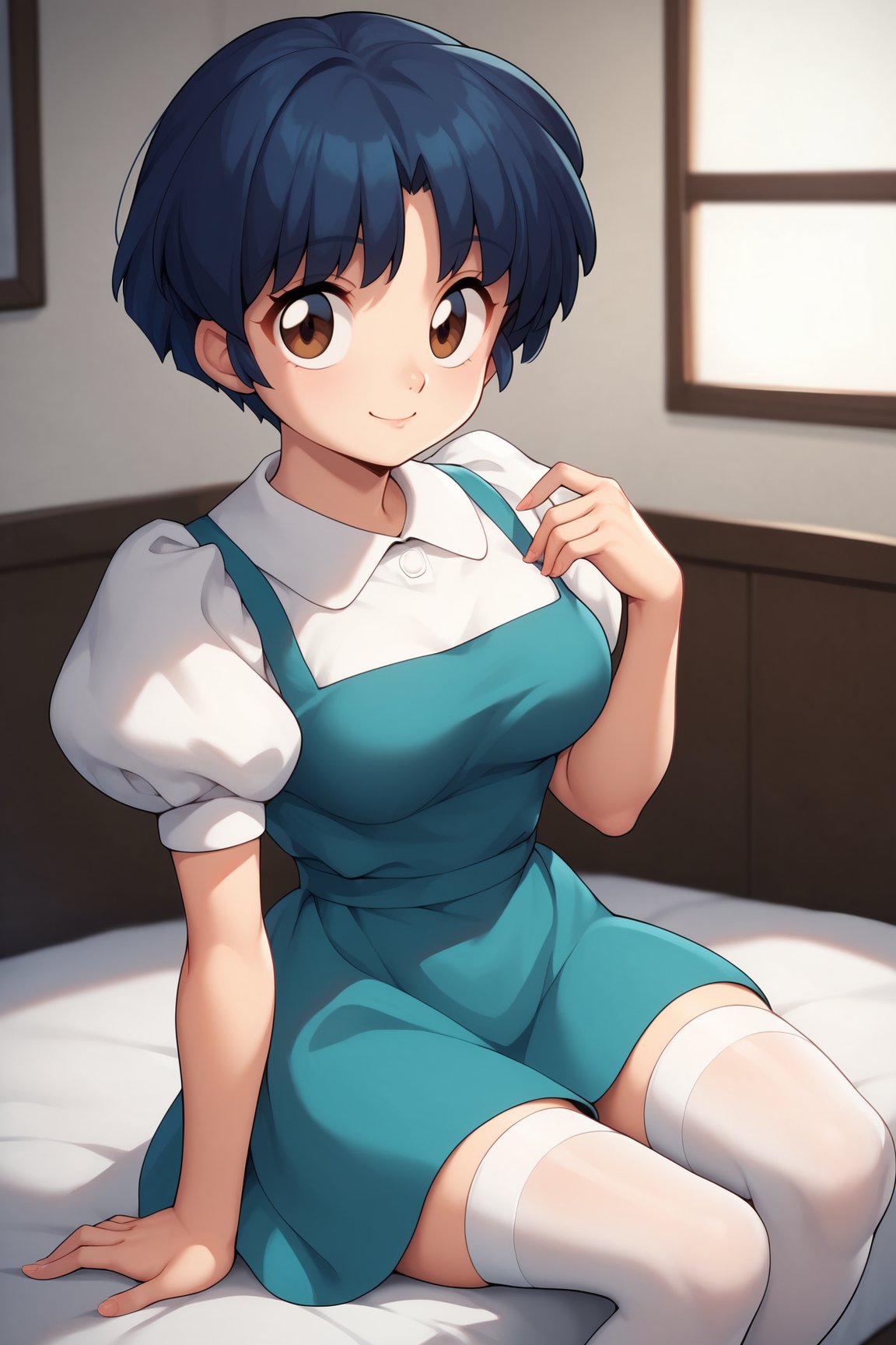 score_9, score_8_up, score_7_up, score_6_up, score_5_up, score_4_up, AkaneTendouRXL, 18years, big eyes, brown eyes, dark blue hair, short hair, bangs, medium breasts, shirt collar, white shirt, blue dress, short sleeves, puffy sleeves, white stockings, solo, sitting, seductive smile, looking at viewer, indoors <lora:AkaneTendouRXL:1>