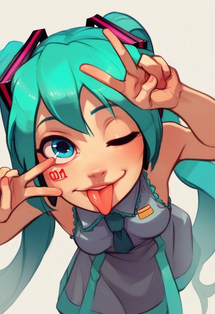 zPDXL, score_9, score_8_up, score_7_up, score_6_up, score_5_up, score_4_up, BREAK <lora:Polyle_Style_for_PonyXL:0.8> polyle, 1girl, human, solo, dress, hatsune miku, from the front, bending over, one eye closed, tongue out, double v, hand in front of face