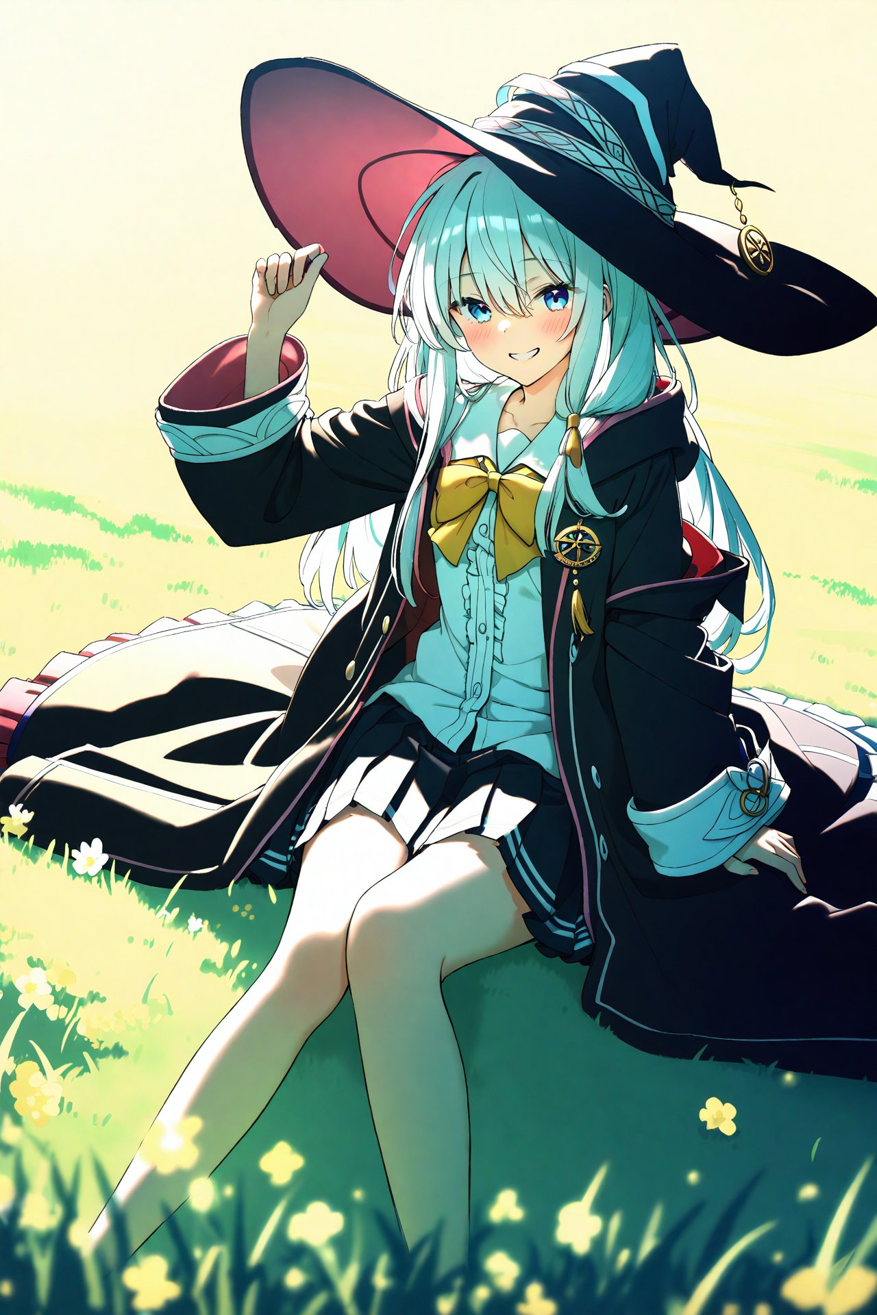 (masterpiece),(best quality),illustration,ultra detailed,hdr,Depth of field,(colorful),nai3 Style,1girl,elaina (majo no tabitabi),solo,hat,witch hat,long hair,skirt,black headwear,smile,white hair,sailor collar,shirt,pleated skirt,blue eyes,long sleeves,hair between eyes,hand on headwear,sitting,white shirt,looking at viewer,bow,blush,robe,black robe,black skirt,open robe,white background,white sailor collar,purple eyes,grin,yellow bow,school uniform,bowtie,open clothes,grass,black coat,