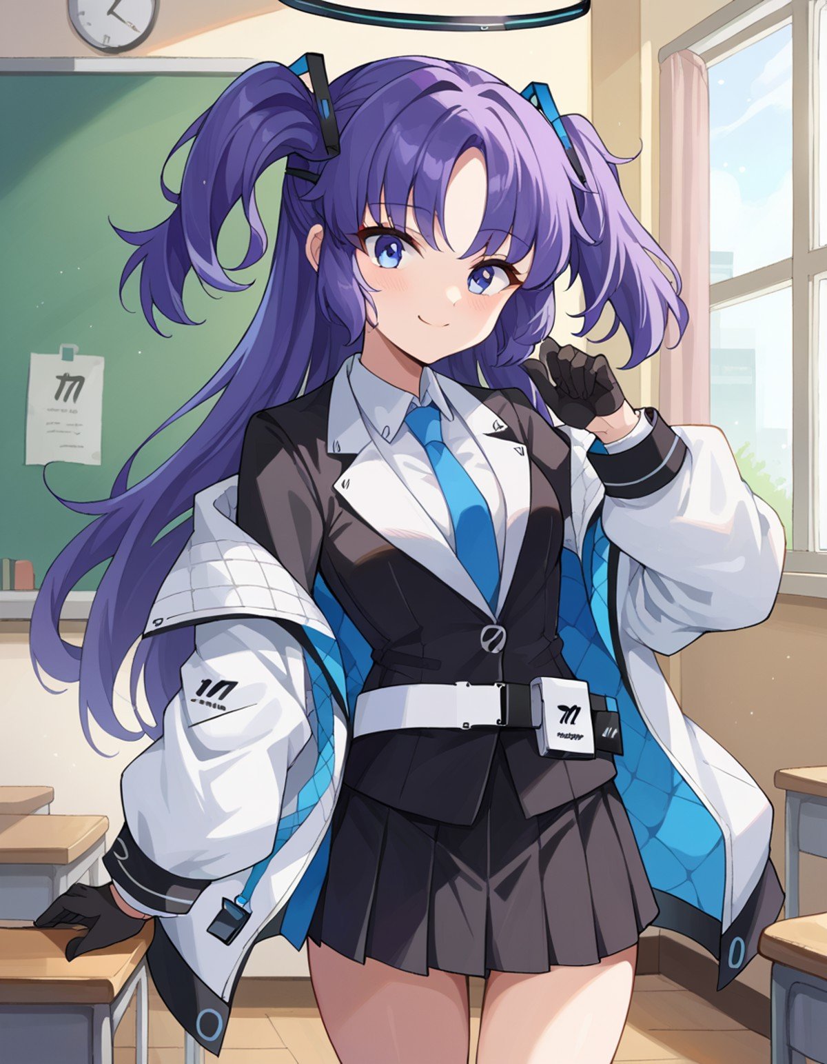 score_9, score_8_up, score_7_up, source_anime,yuukahayase, <lora:yuuka-hayase-ponyxl-lora-nochekaiser:1>,yuuka, blue eyes, halo, purple hair, two side up, long hair,belt, black gloves, black suit, black skirt, blue necktie, gloves, halo, jacket, necktie, off shoulder, skirt, two-sided fabric, two-sided jacket, white belt, white jacket,indoors, classroom, smile,looking at viewer, dutch angle, cowboy shot,