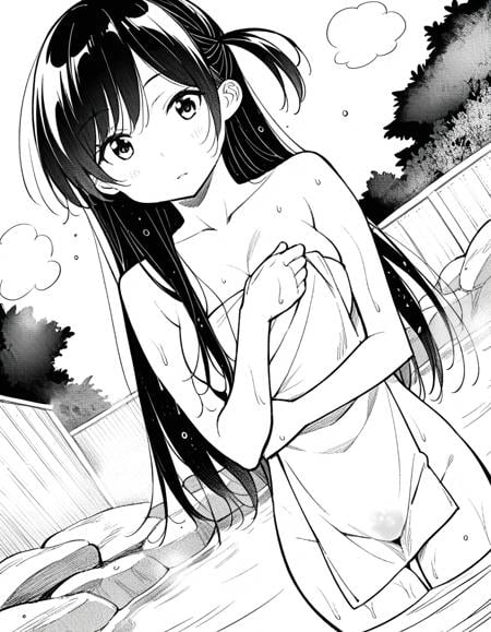 score_9, score_8_up, score_7_up, source_anime,chizuruichinose, <lora:chizuru-ichinose-manga-ponyxl-lora-nochekaiser:1>,chizuru ichinose, long hair, bangs, one side up, greyscale, monochrome,nude, naked, outdoors, onsen, towel, naked towel, steam, bathing, nude cover, partially submerged, water, bath, steam censor, wet towel,looking at viewer, dutch angle, cowboy shot, solo,