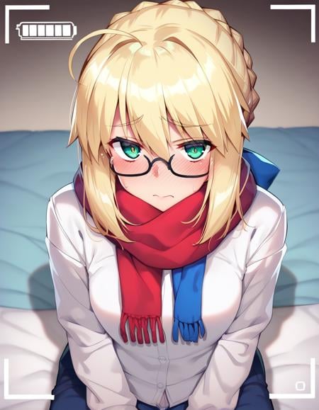 score_9,score_8_up,score_7_up,score_6_up,1girl is sitting on a bed, viewfinder, artoria pendragon from fate, blush, embarrassed, looking at viewer, solo, interview, glasses, scarf, <lora:namonashi_style_pony6_v3-000038:1>namonstyl 