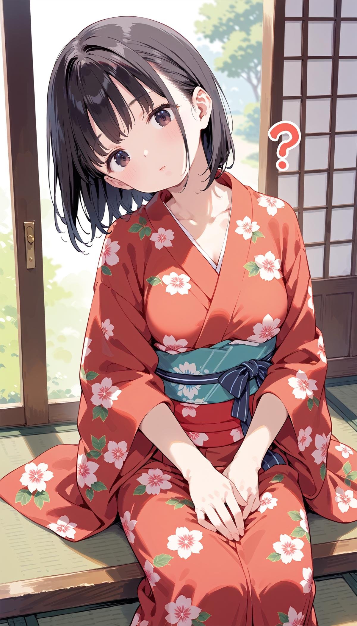 score_9, score_7_up, source_anime, BREAK, rating_safe,milf, mature female, solo, (manga,sitting,head tilt,?,head back:1.2),yukata,kimono,summer kimono,black hair, dark eyes,