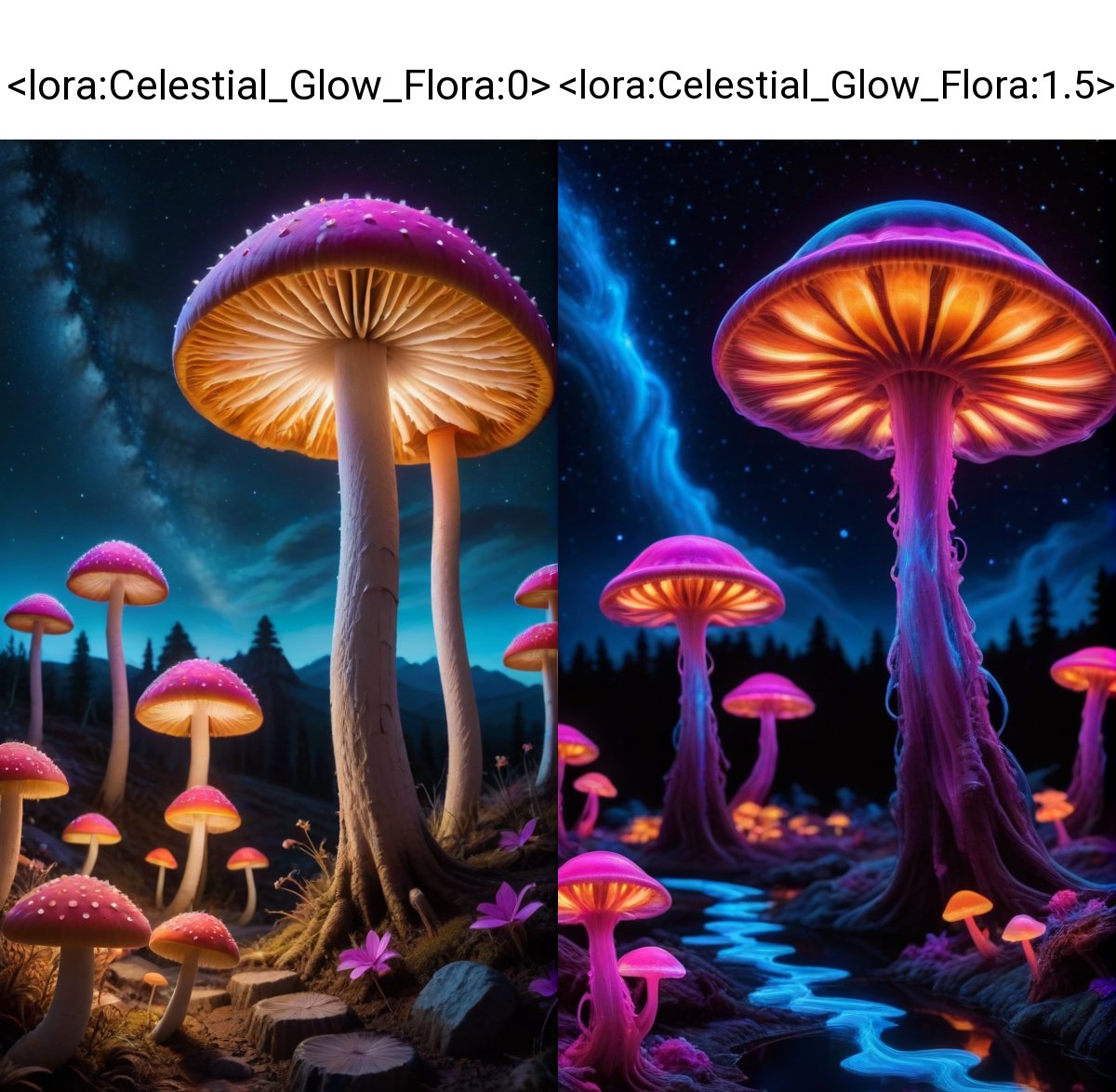 Professional night landscape with (fluorescent mushrooms:1.3) everywhere, best quality, masterpiece, 4k, 8k, realistic, professional photo, award winning, golden ratio, vivid colors, detailed, high details, attention to details, High Fantasy Realms, fantasy, beautiful, best colors, high contrast, (planets on sky:1.2) <lora:Celestial_Glow_Flora:0>