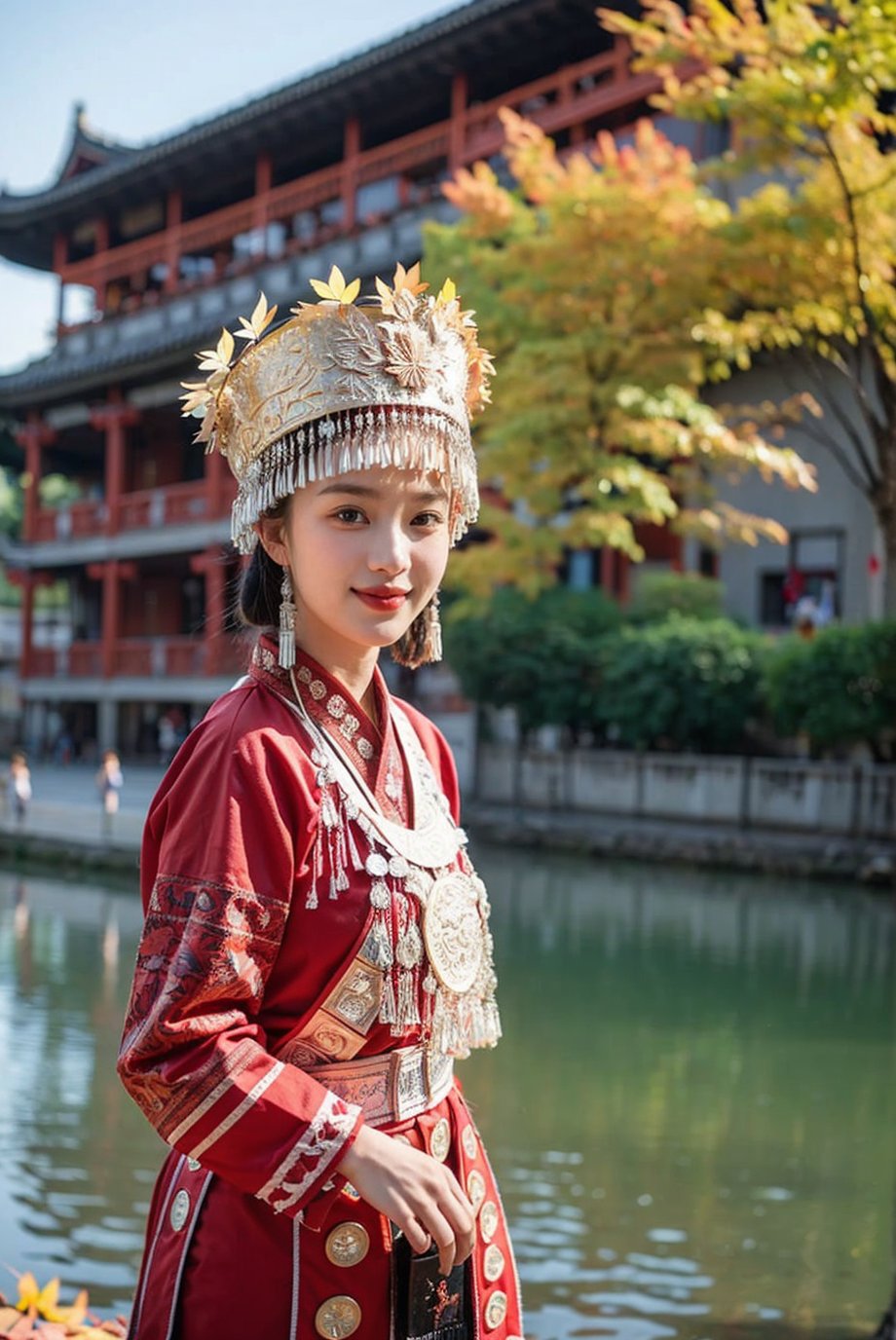 (karst topography),Taoist temple,(blurry foreground:1.5),(1 girl:2,),looking at viewer, light smile,day,((maple leaves)),Taoist temple,river valley,hdr, photorealism, masterpiece quality, best quality, pureerosface_v1,  <lora:YG红色苗疆服饰:0.75>,