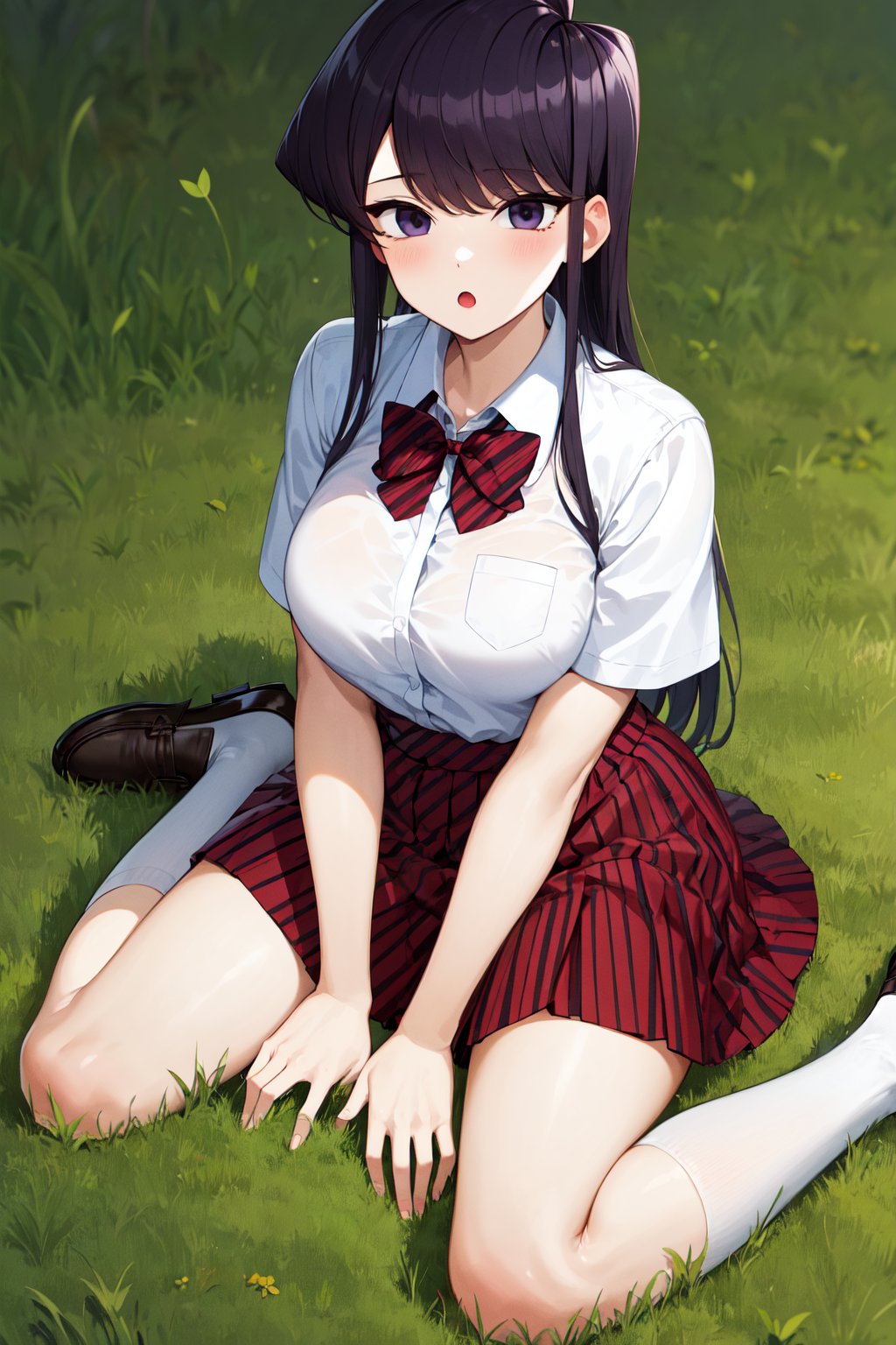 masterpiece, best quality, highres, aashouko, long hair, breasts, school uniform, striped bowtie, red bowtie, collared shirt, white shirt, short sleeves, pleated skirt, striped skirt, red skirt, <lora:komi_shouko_v1:0.7>, wariza, :o, grass, field, socks, loafers, 