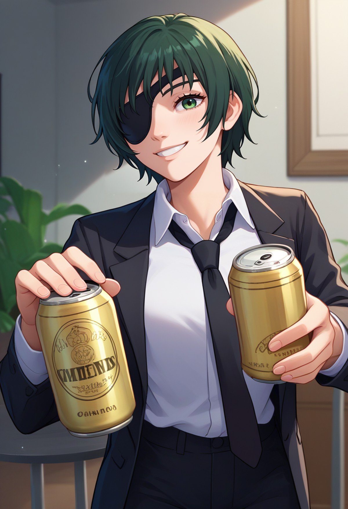 score_9, score_8_up, score_7_up, source_anime, solo, 1girl, csmhimeno, smile, looking at viewer, holding beer can, green eyes, eyepatch, formal, suit, black jacket, open jacket, long sleeves, white shirt, collared shirt, shirt tucked in, black necktie, black pants, indoors <lora:csm_himeno_ponyXL:1>