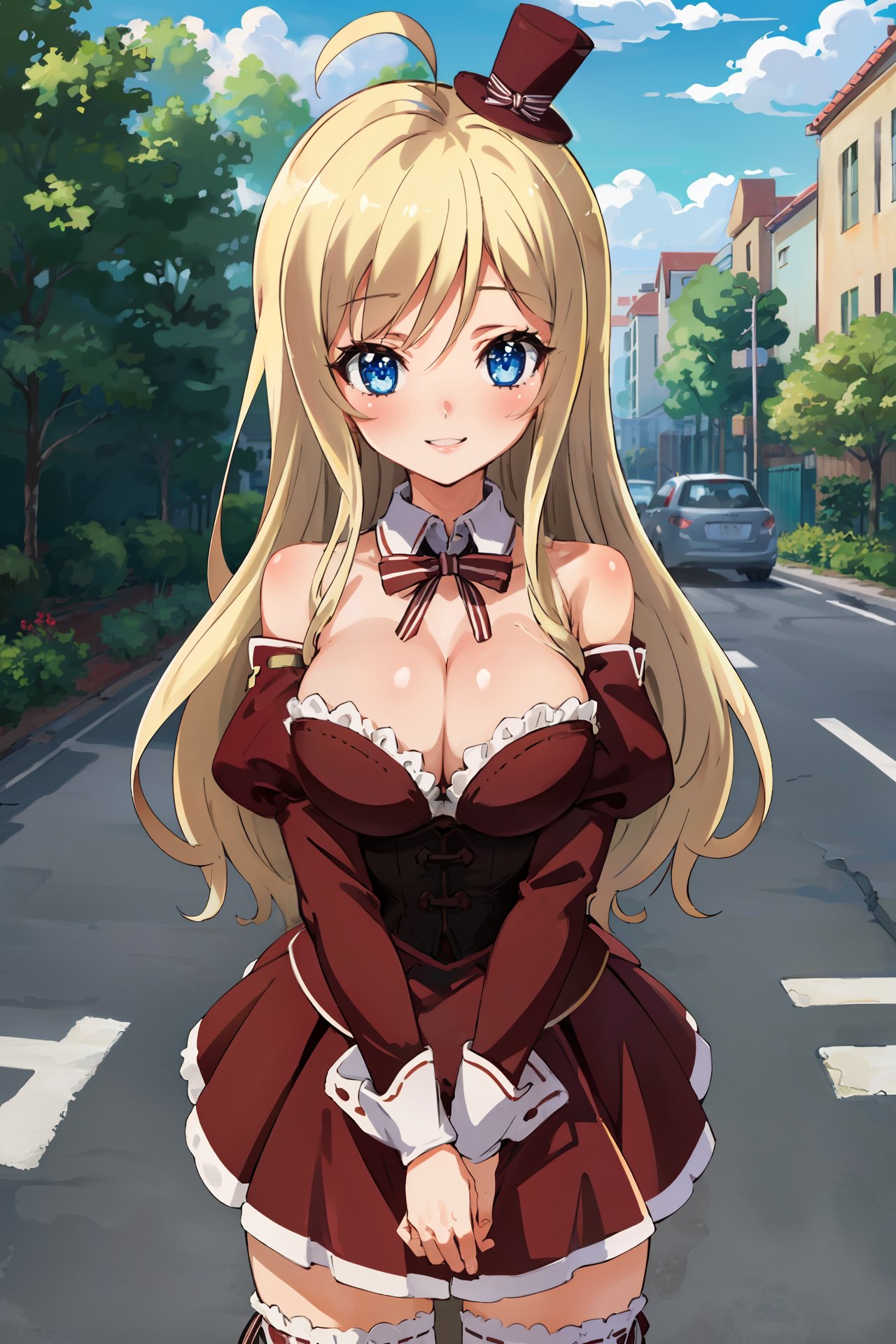 1girl, (masterpiece), (high resolution), (8K), (extremely detailed), (4k), perfect face, nice eyes and face, (best quality), (super detailed, intricate details, very aesthetic), detailed face and eyes, (solo), textured skin, absurdres, highres,   <lora:chocolat_noucome-09:0.7>, chocolat_wz, long hair, blonde hair, blue eyes, long hair, ahoge, breasts, cleavage, mini top hat, top hat, striped thighhighs, zettai ryouiki, striped clothes, detached sleeves, bare shoulders, corset,puffy sleeves, red dress, detached collar, ribbon, standing, cowboy shot, looking at viewer, smile, v arms, outdoors, street, day, cloud