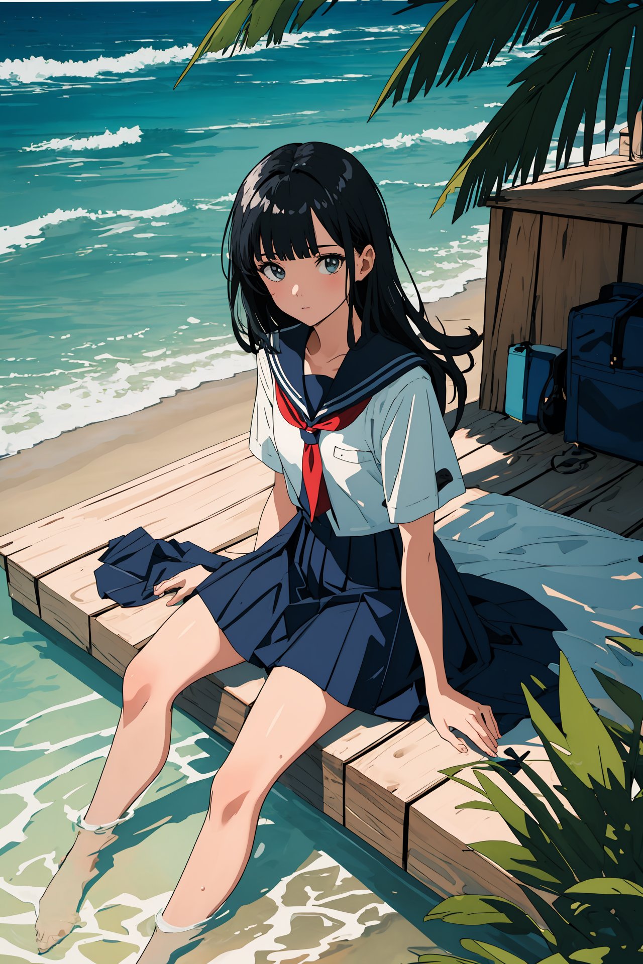 (best quality, masterpiece, highres),extremely detailed,1girl,solo,blunt bangs,black hair,summer uniform,in water,sitting,full body,beach,wind,sunlight,summer,dynamic_angle,