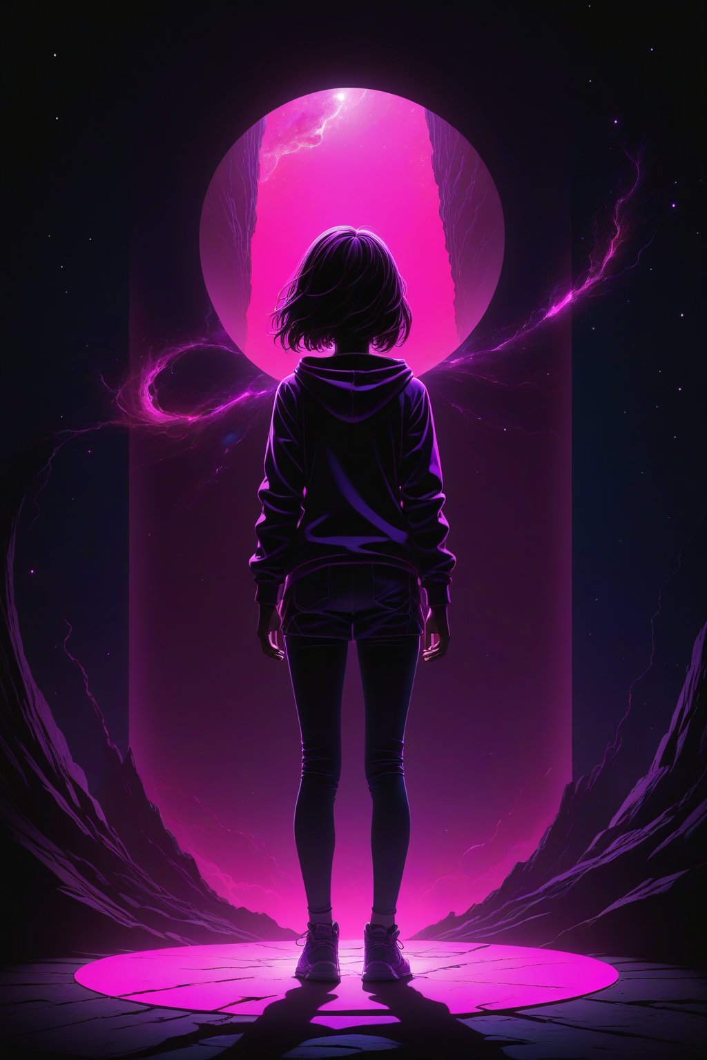 (silhouette:1.25),1girl,dark background,blacklight,mid shot,full body,somber expression,looking down,dark energy,vibrant magenta,portal to another world,flat color,flat shading,ultra realistic,highres,superb,8k wallpaper,extremely detailed,intricate,limited palette,pink,